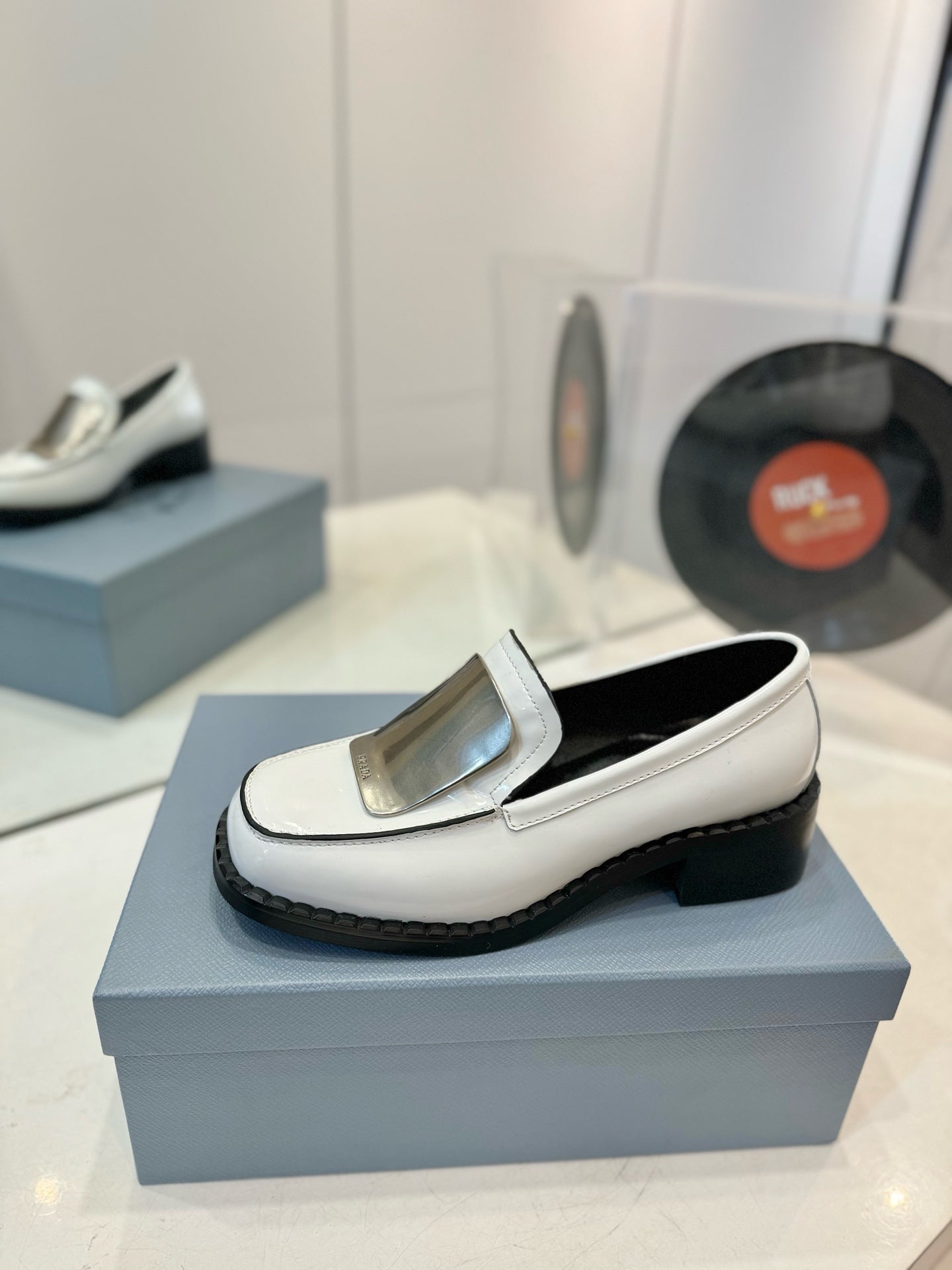 Prada 26s Metal Plate Loafers White Brushed Leather 941512