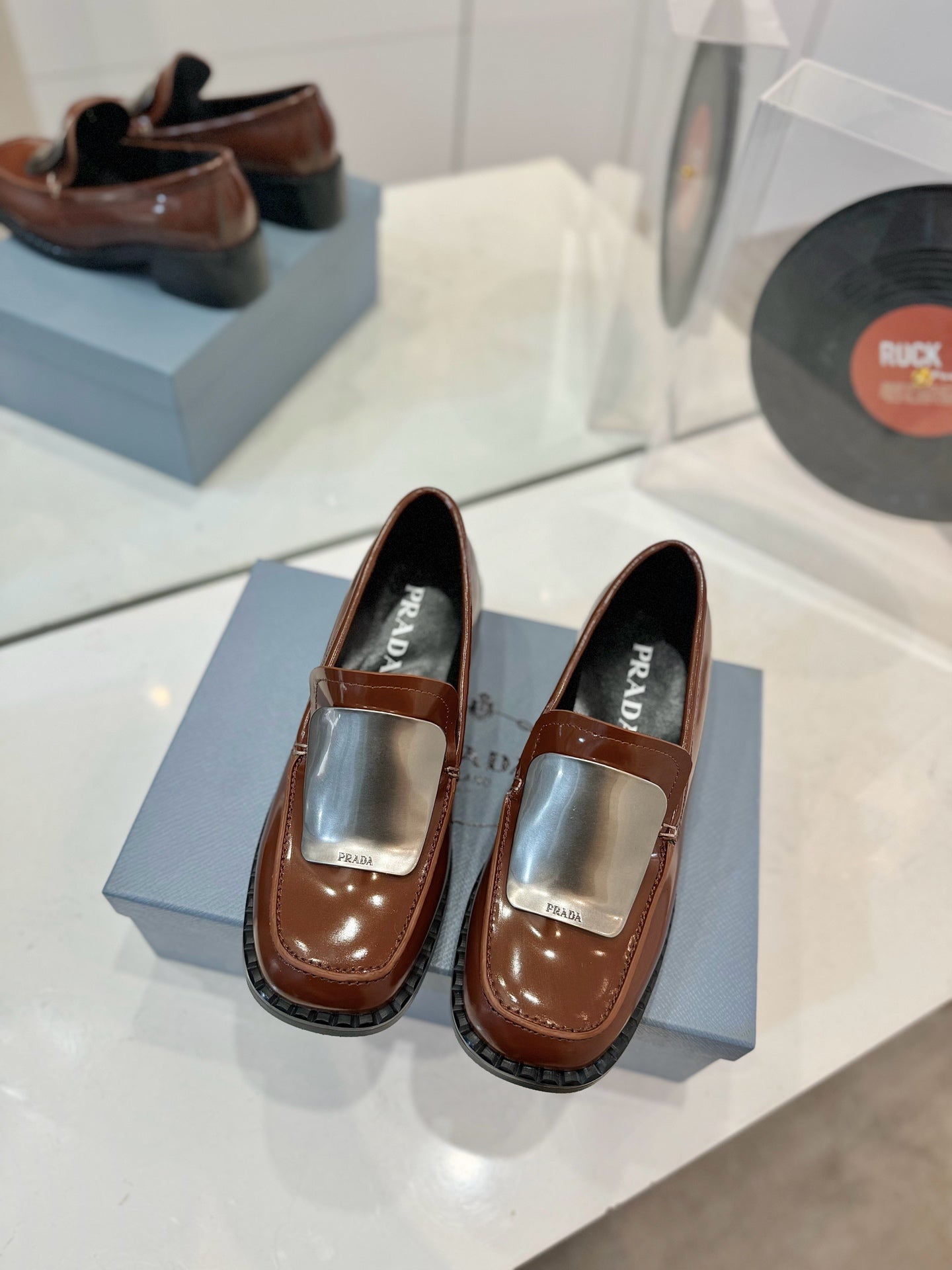 Prada 26s Metal Plate Loafers Brown Brushed Leather 941511