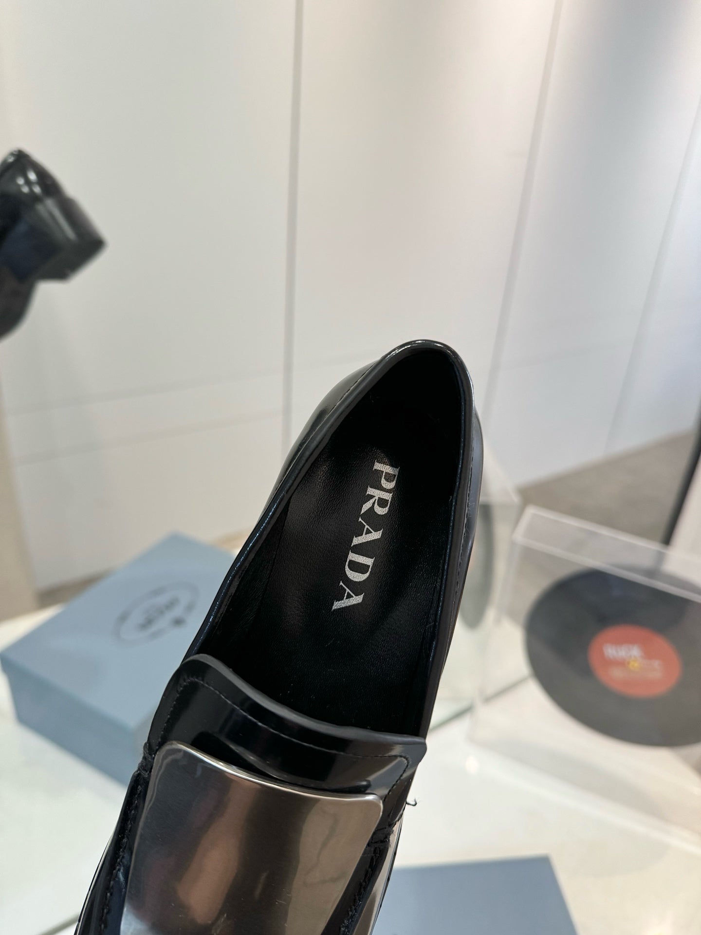Prada 26s Metal Plate Loafers Black Brushed Leather 941513