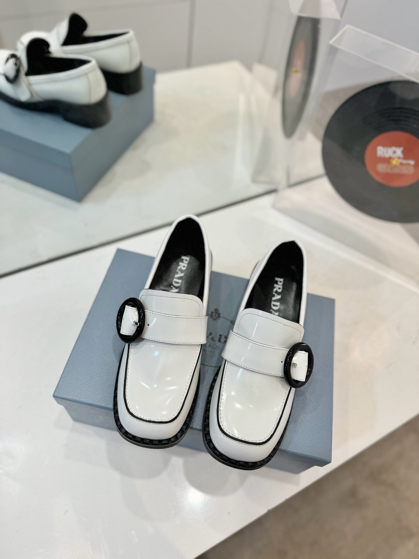 Prada 26s Heeled Loafers White Brushed Leather 941517