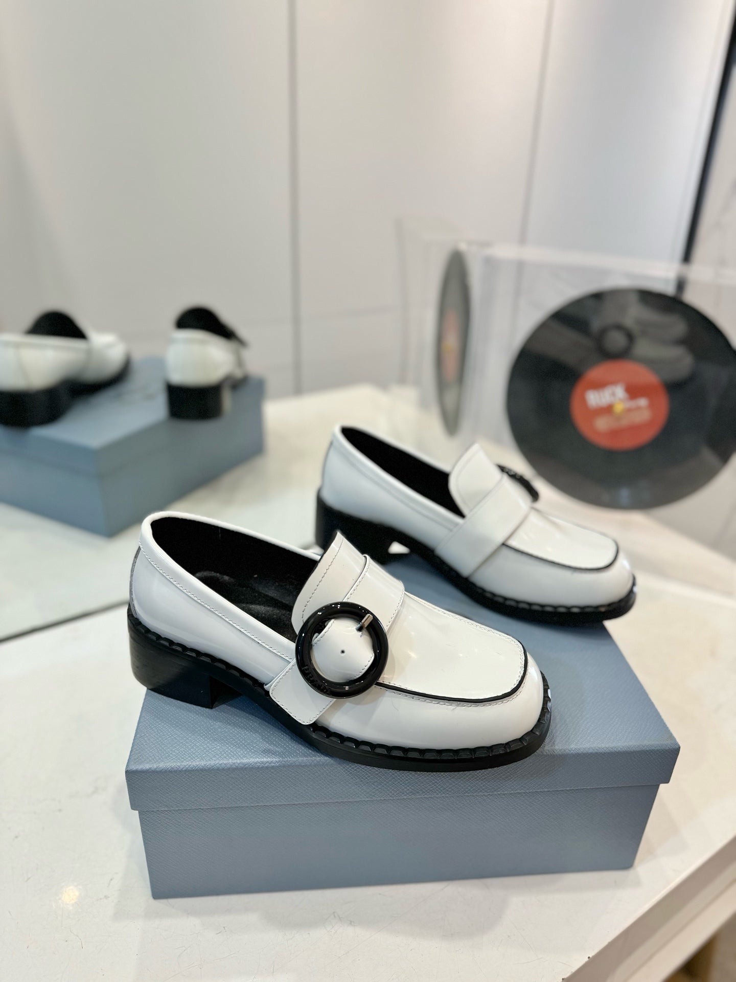Prada 26s Heeled Loafers White Brushed Leather 941517