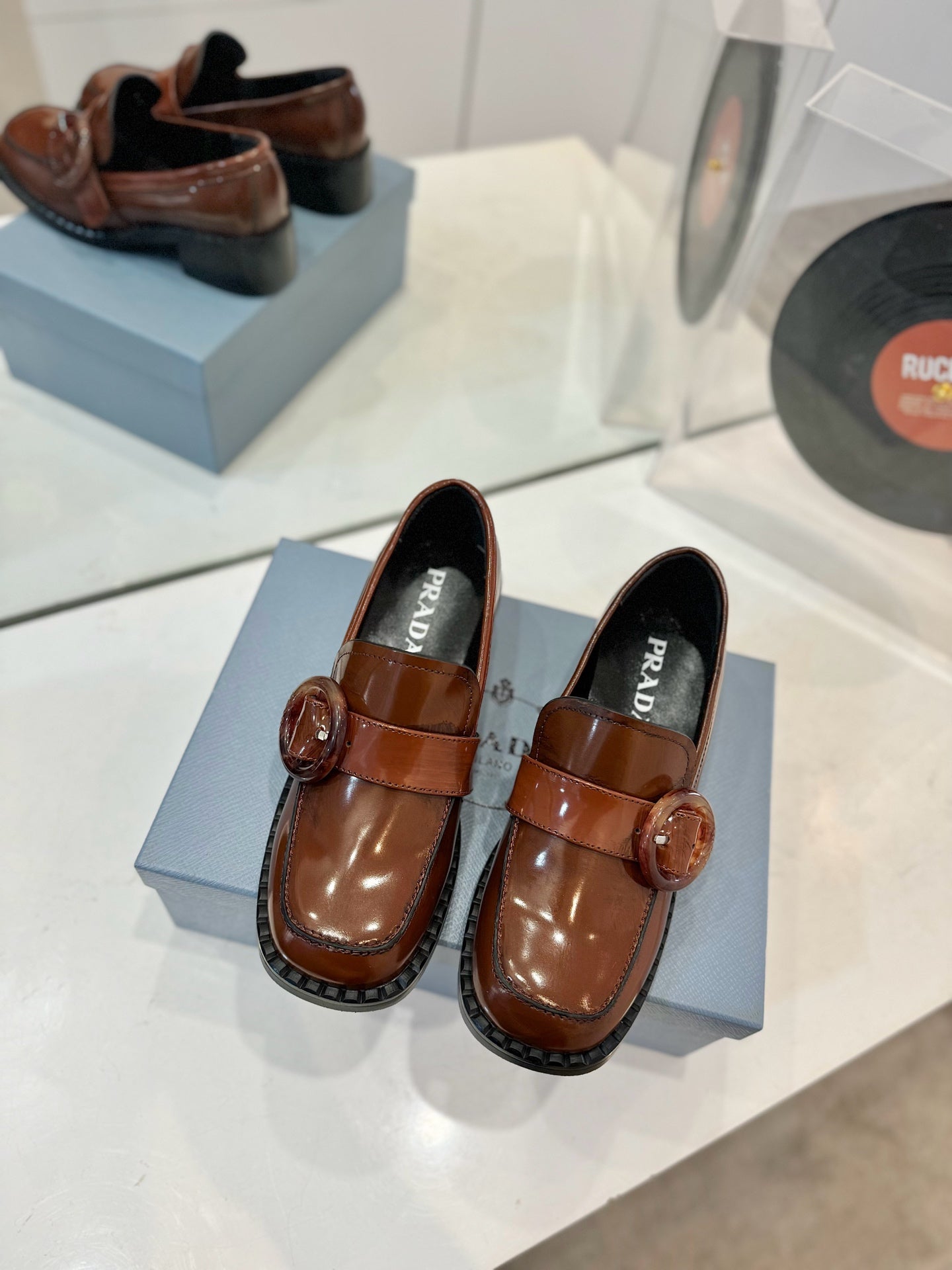 Prada 26s Heeled Loafers Brown Brushed Leather 941518