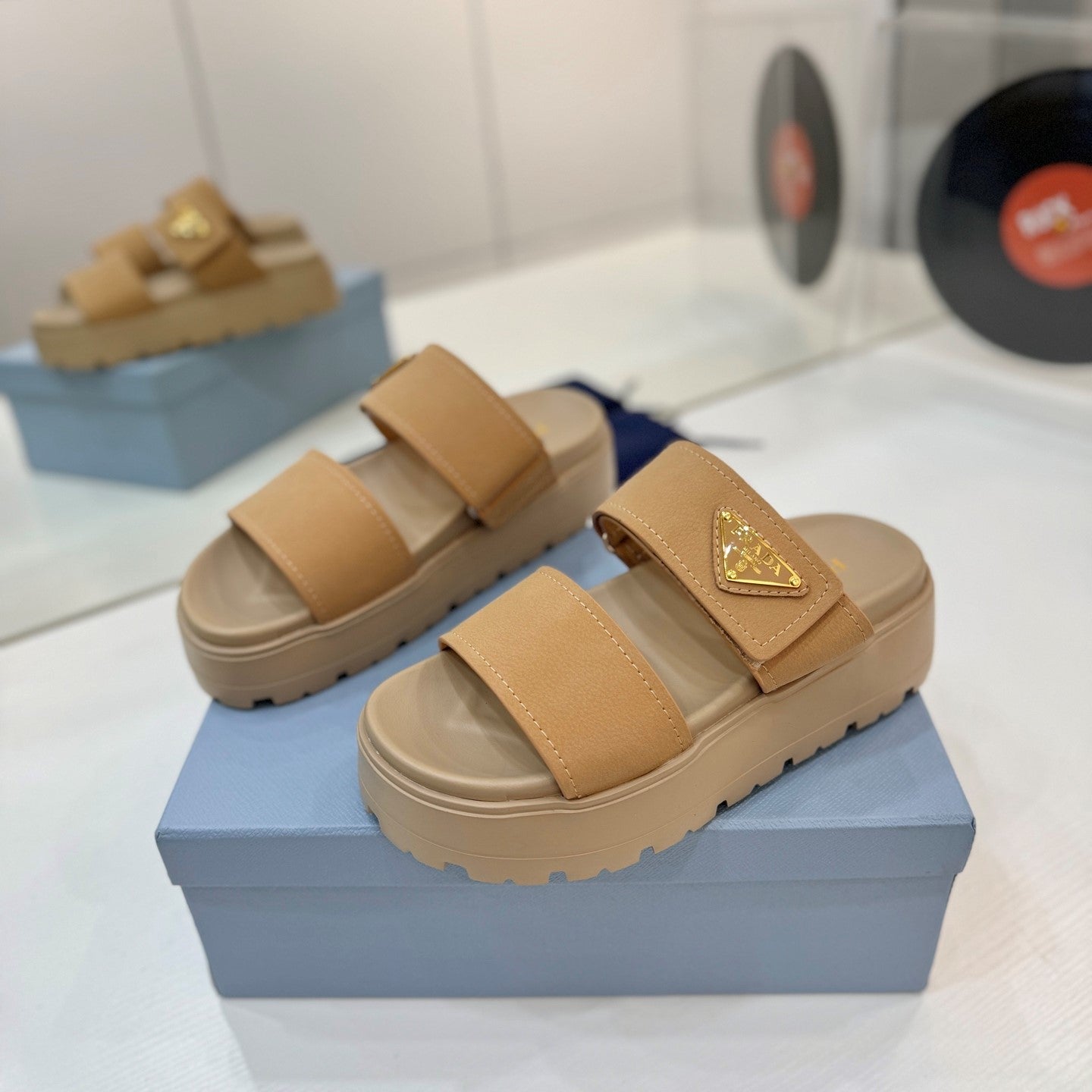 Prada 26s Double-Strap Sandals 5cm Beige Suede Leather 941597