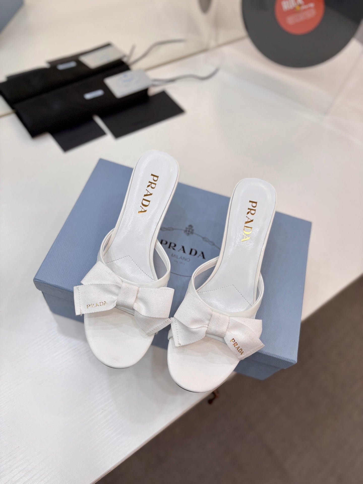 Prada Mesh 7.5cm White Fabric Mules 834605