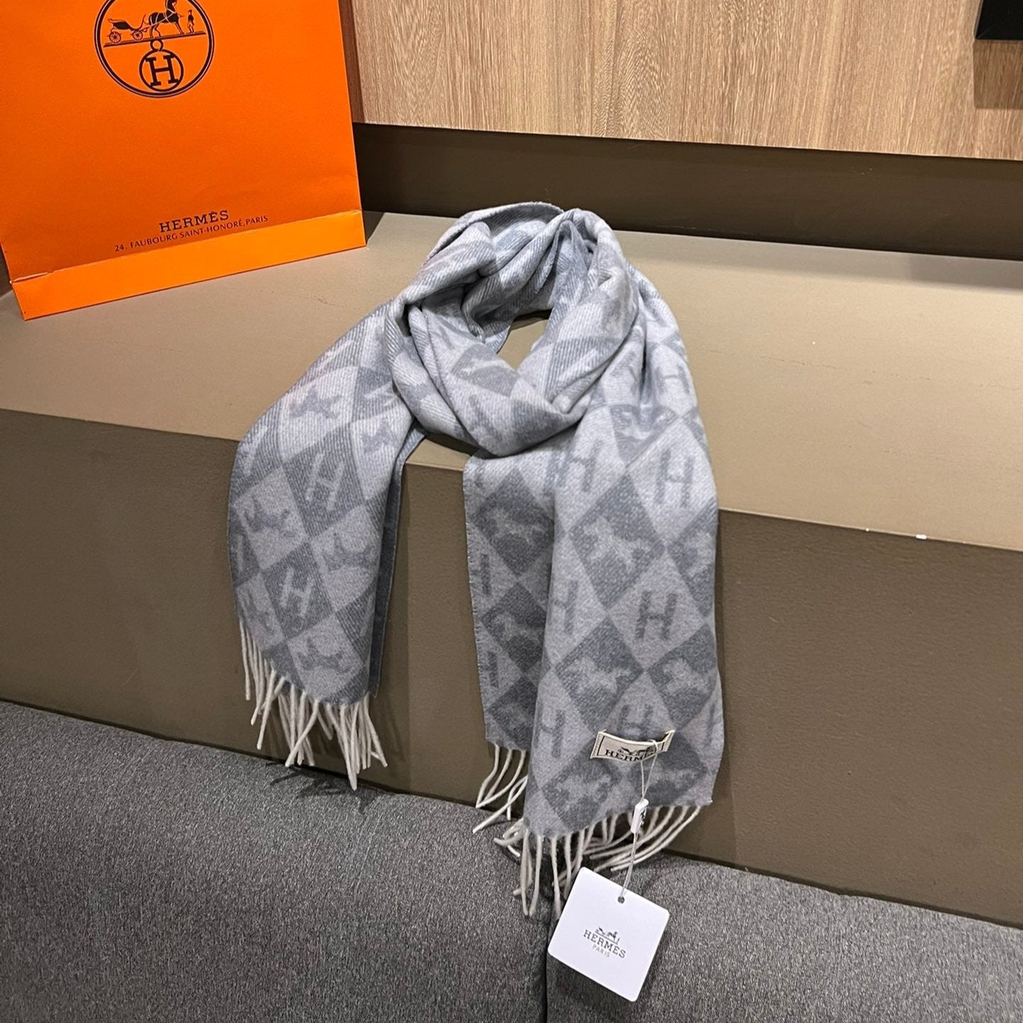 Scarf Cashmere 180 CM In Grey Blue Fine Wool 290424