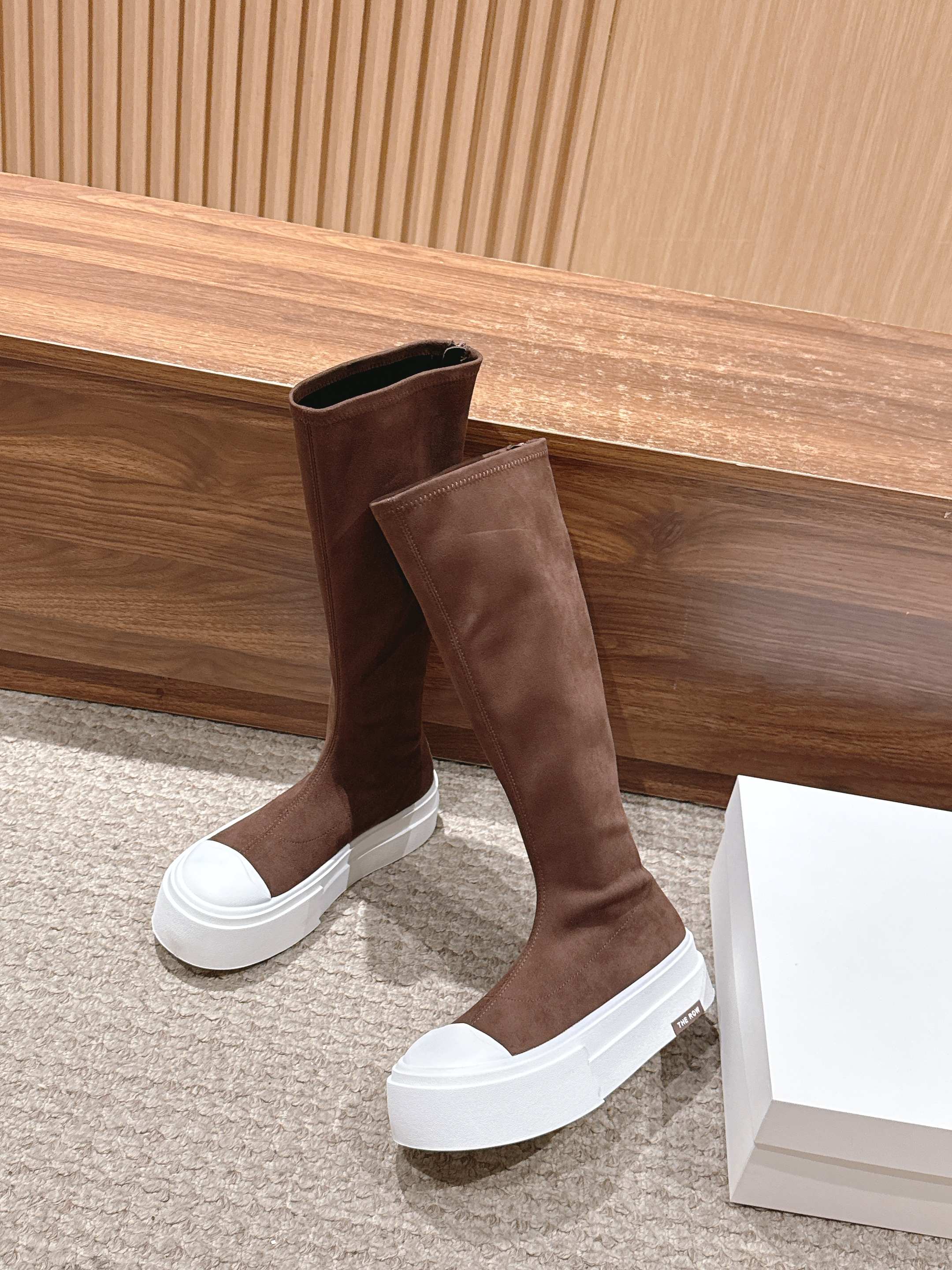 The Row Thick-soled Classic Knee-high Boots Brown White Suede 444171