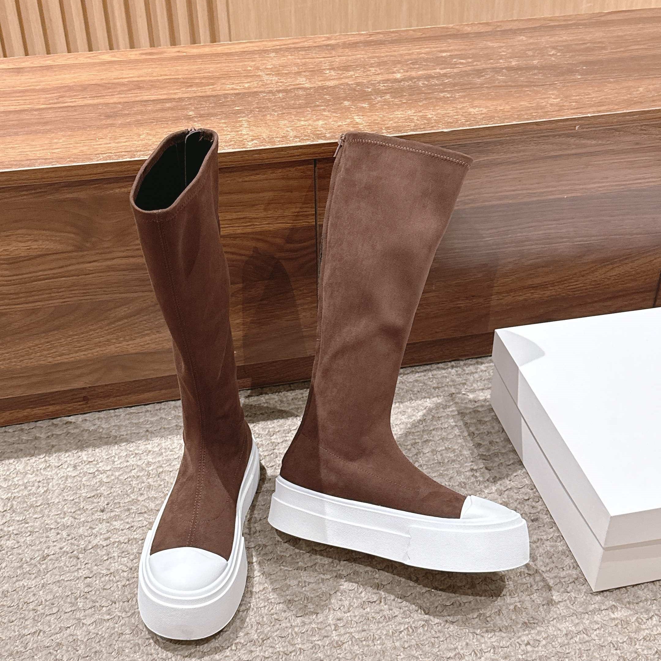 The Row Thick-soled Classic Knee-high Boots Brown White Suede 444171
