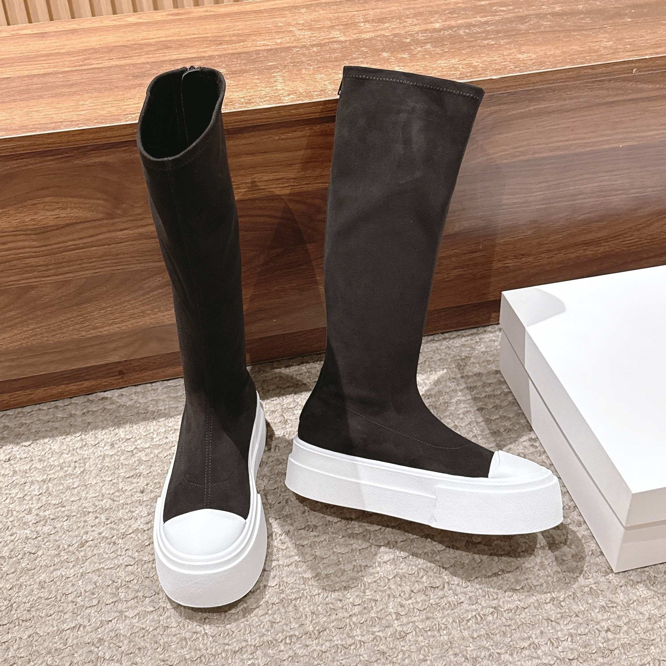 The Row Thick-soled Classic Knee-high Boots Black White Suede 444173