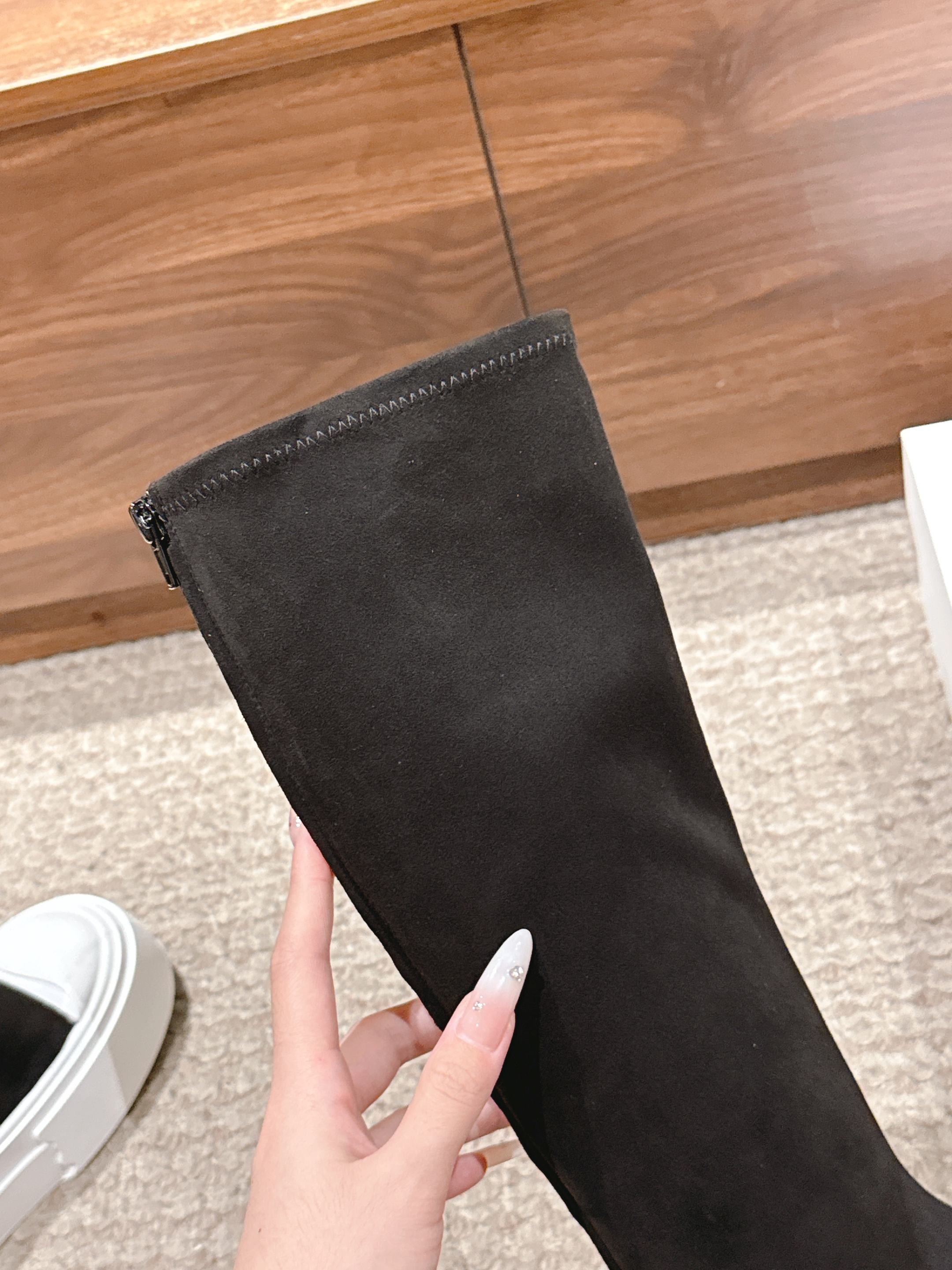 The Row Thick-soled Classic Knee-high Boots Black White Suede 444173