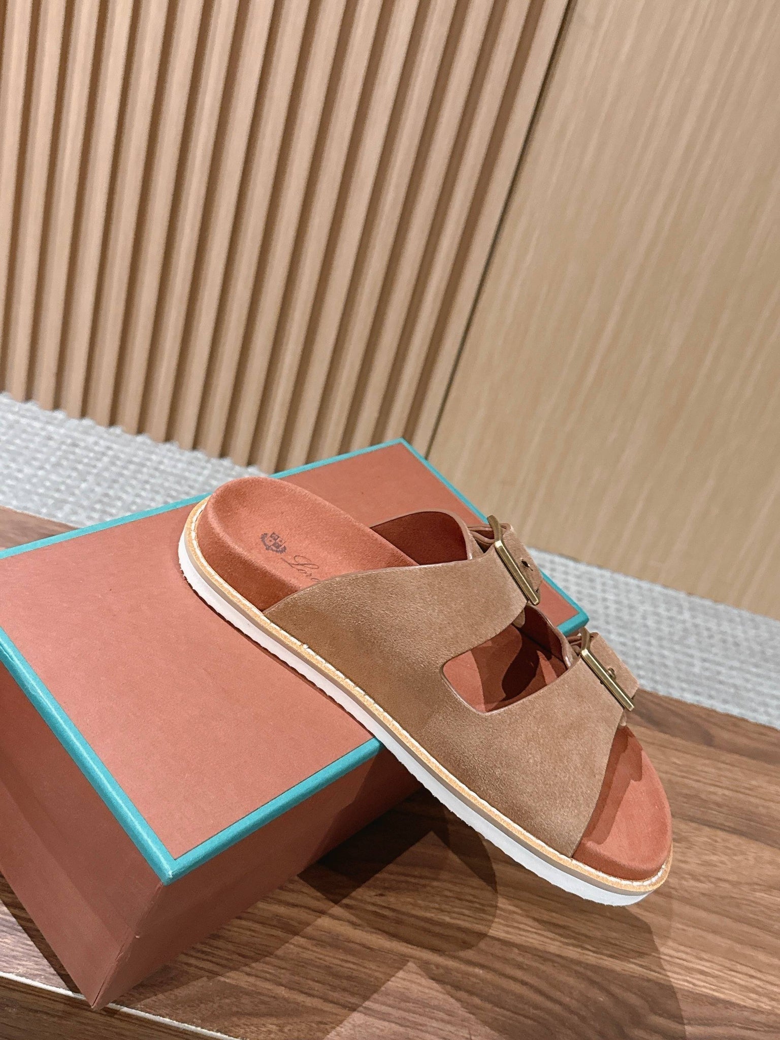 LP 26s Men’s Double Buckle Slides In Brown Suede Gold Hardware