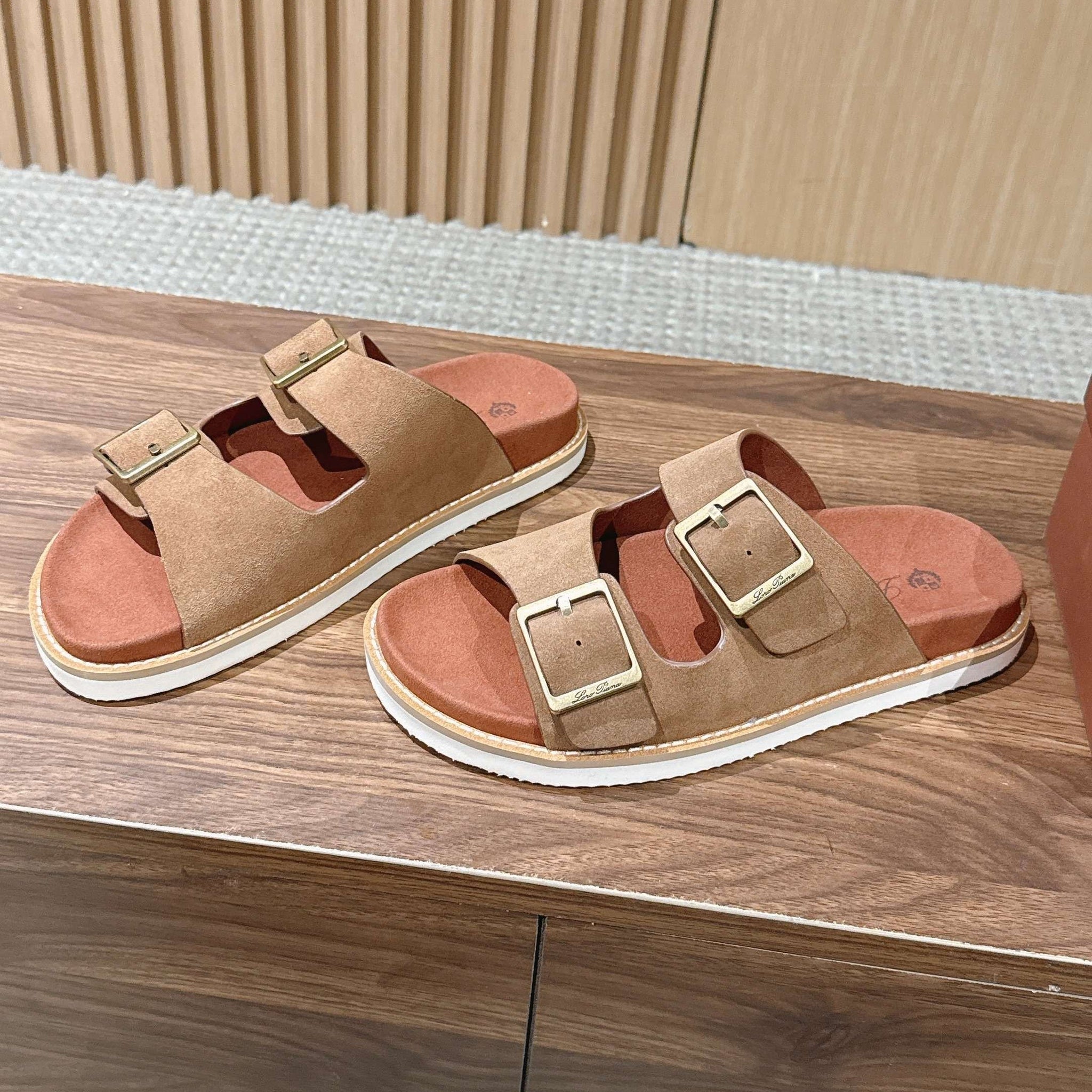 LP 26s Men’s Double Buckle Slides In Brown Suede Gold Hardware