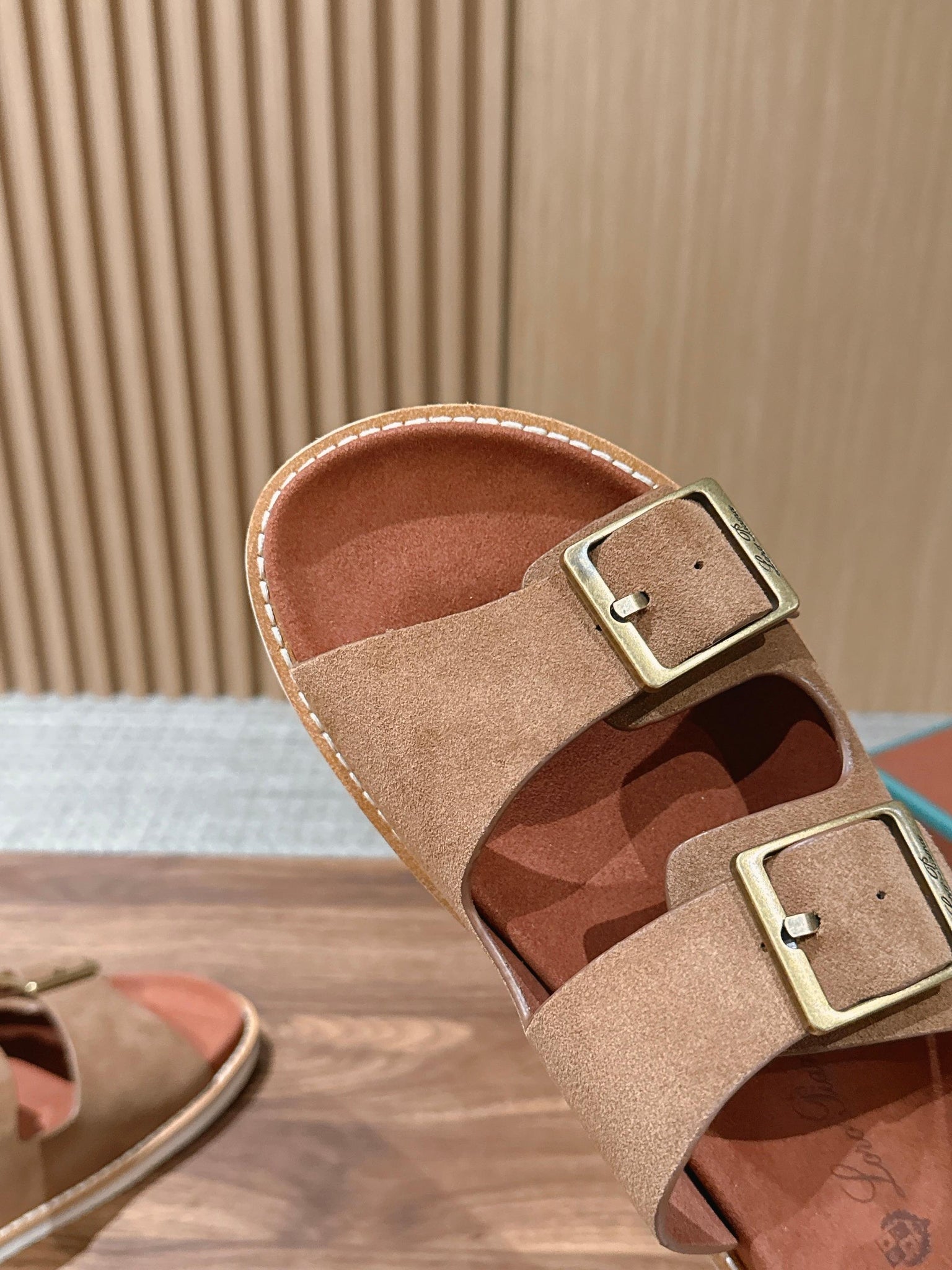 LP 26s Men’s Double Buckle Slides In Brown Suede Gold Hardware