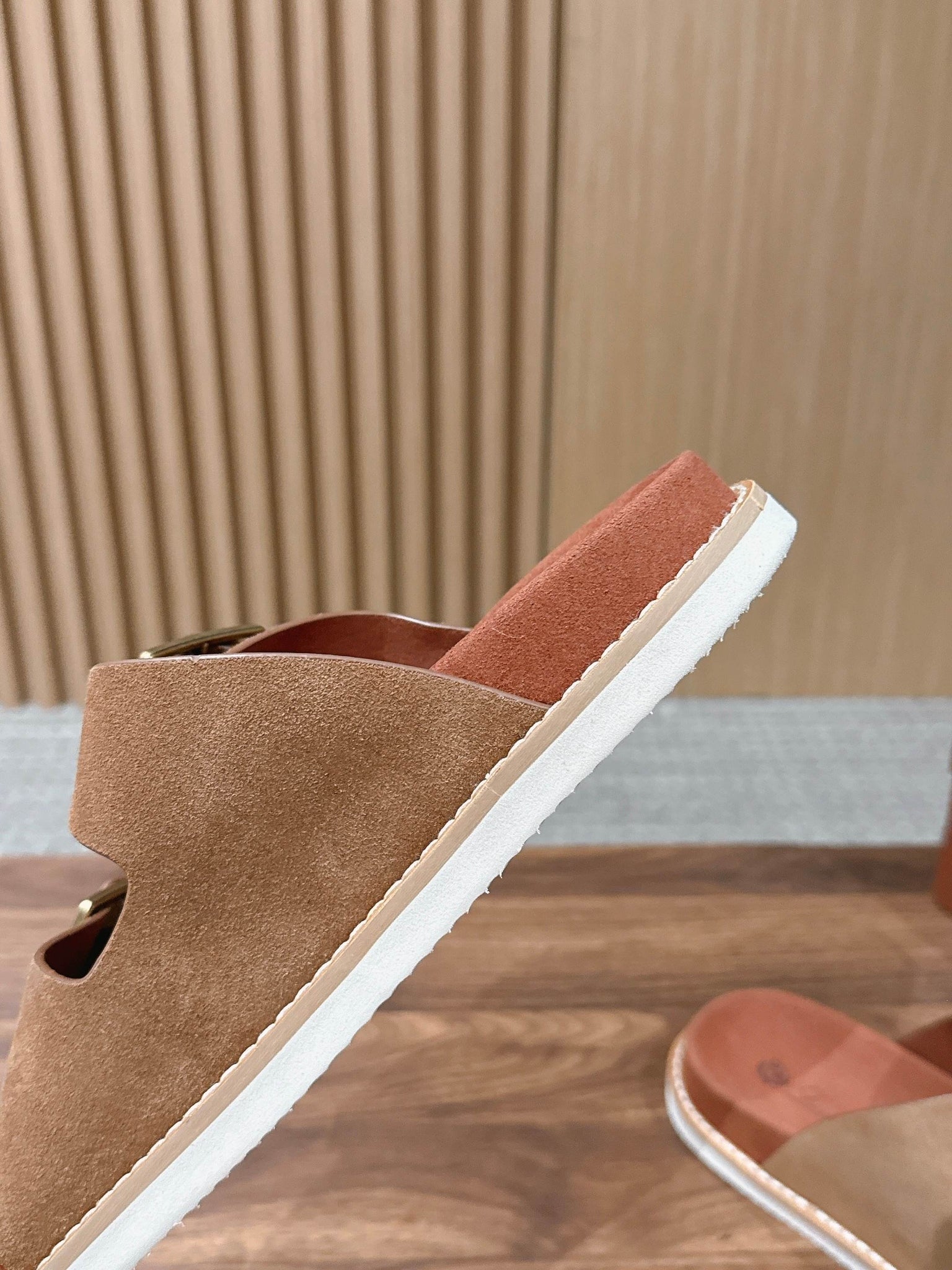 LP 26s Men’s Double Buckle Slides In Brown Suede Gold Hardware