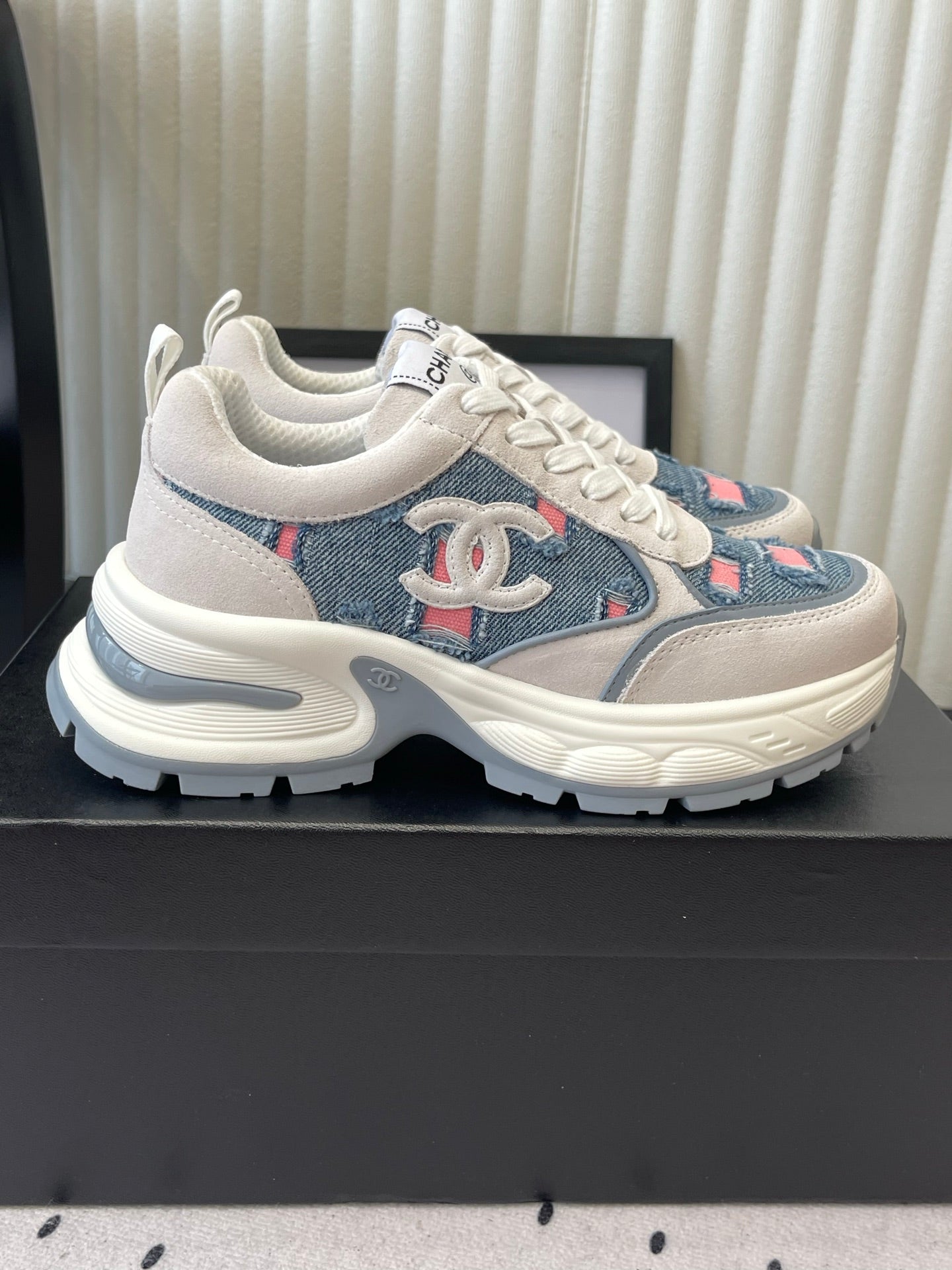 CC 26s Chunky Platform Casual Sneakers Blue White Pink Denim Suede 968604