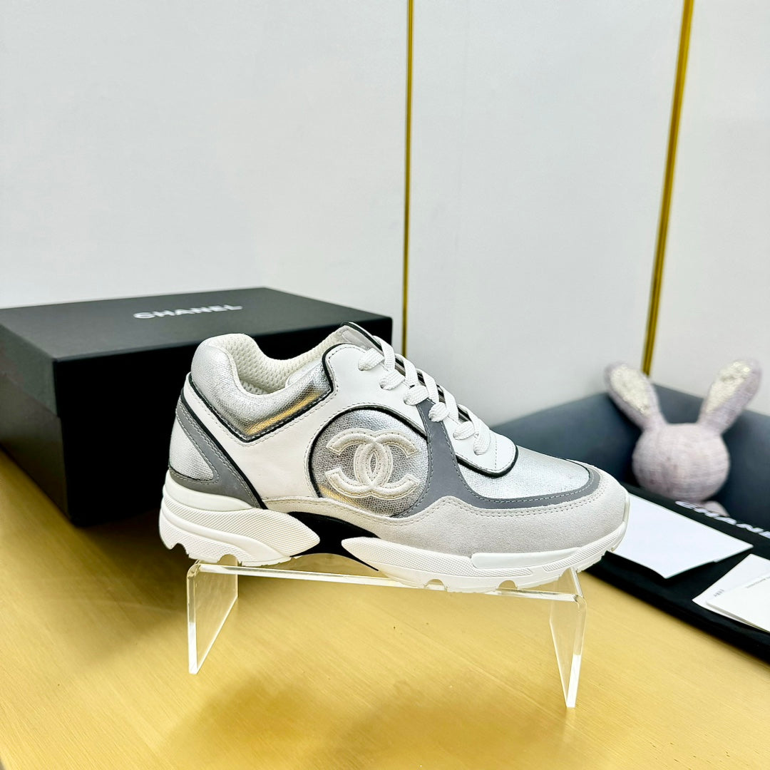 cc womens sneaker in silver wool tweed and white grey suede calfskin 137608