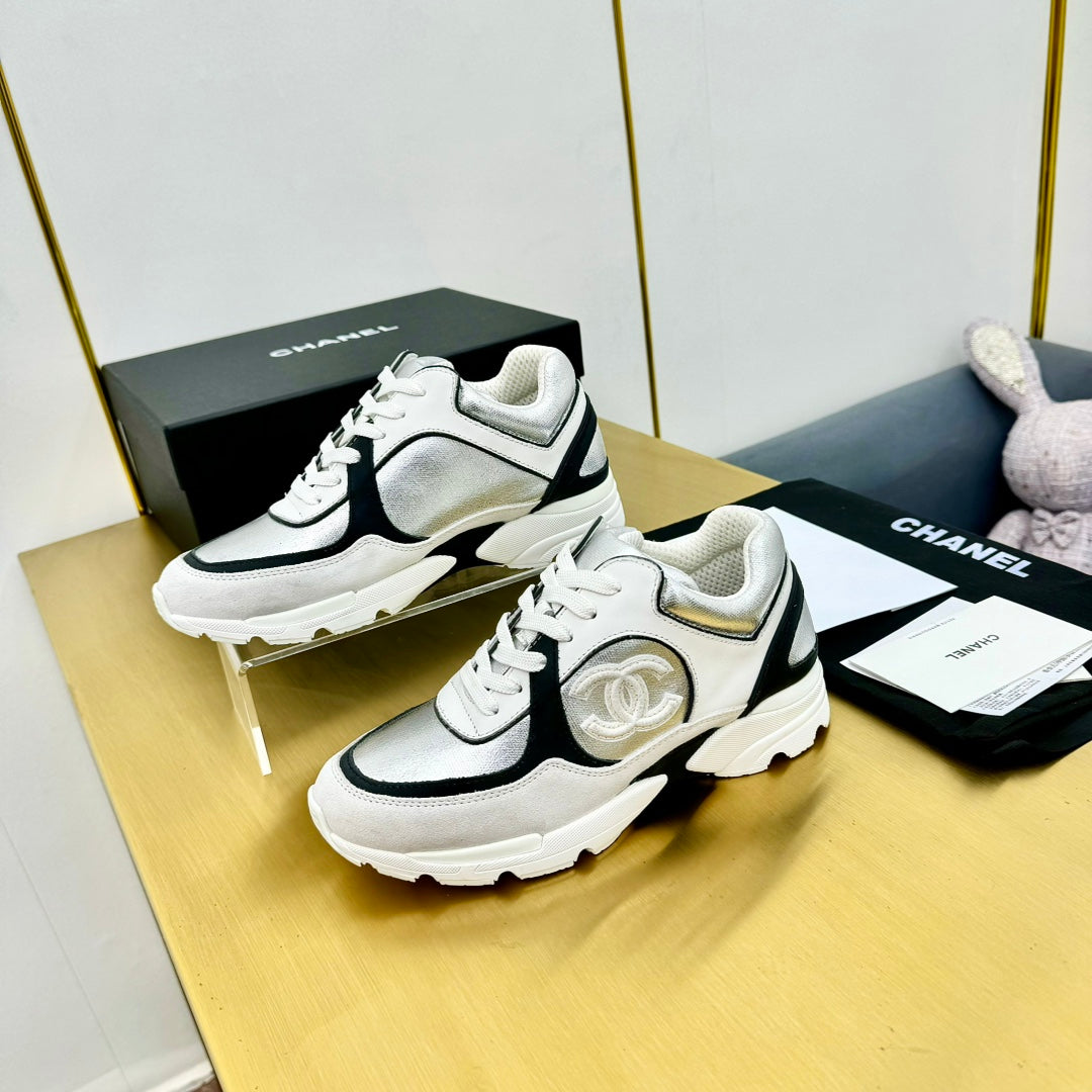 cc womens sneaker in silver wool tweed and white black suede calfskin 137610