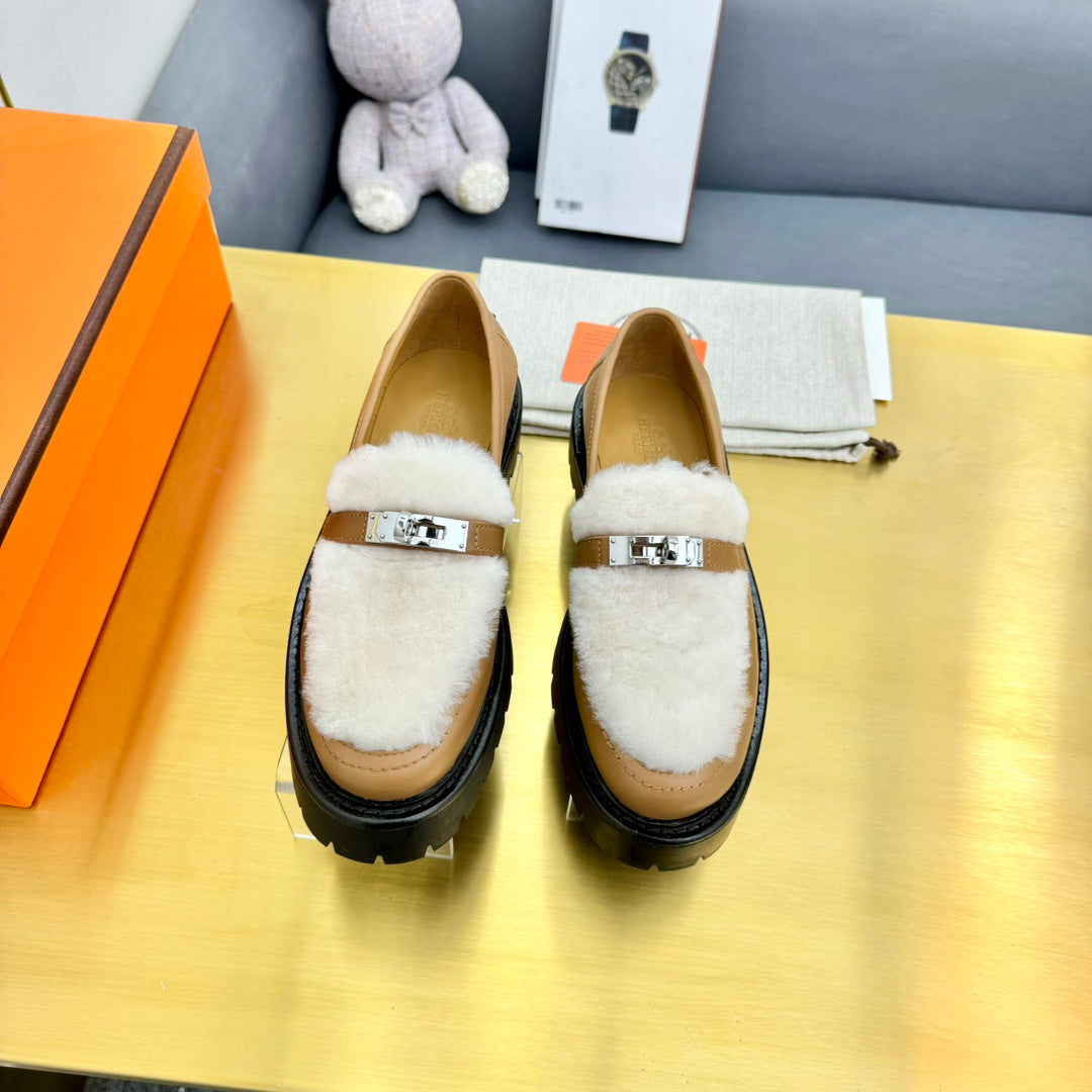 HM Icone Loafer White Shearling Brown Clalfskin