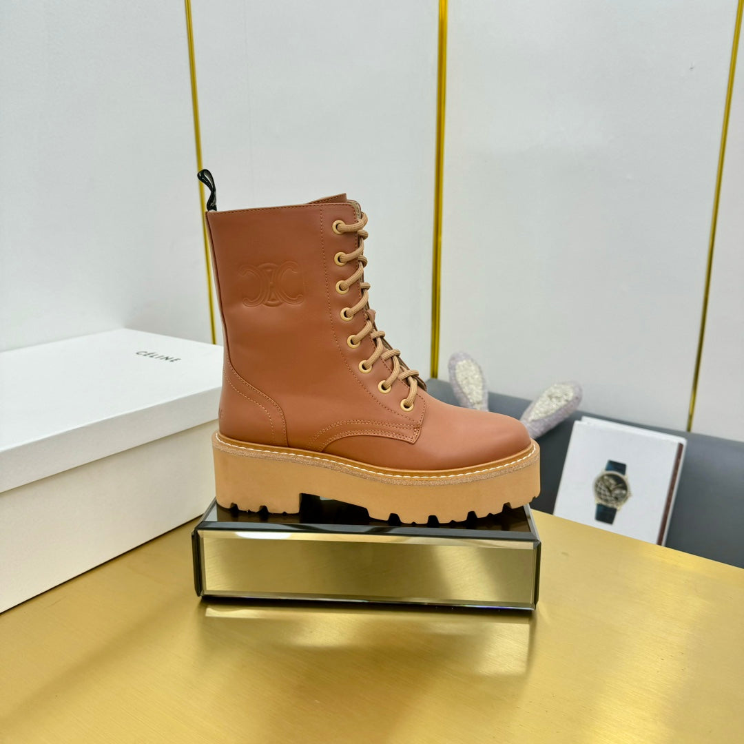 Celine 26s Bulky Lace-up Boot Brown Calfskin 987336