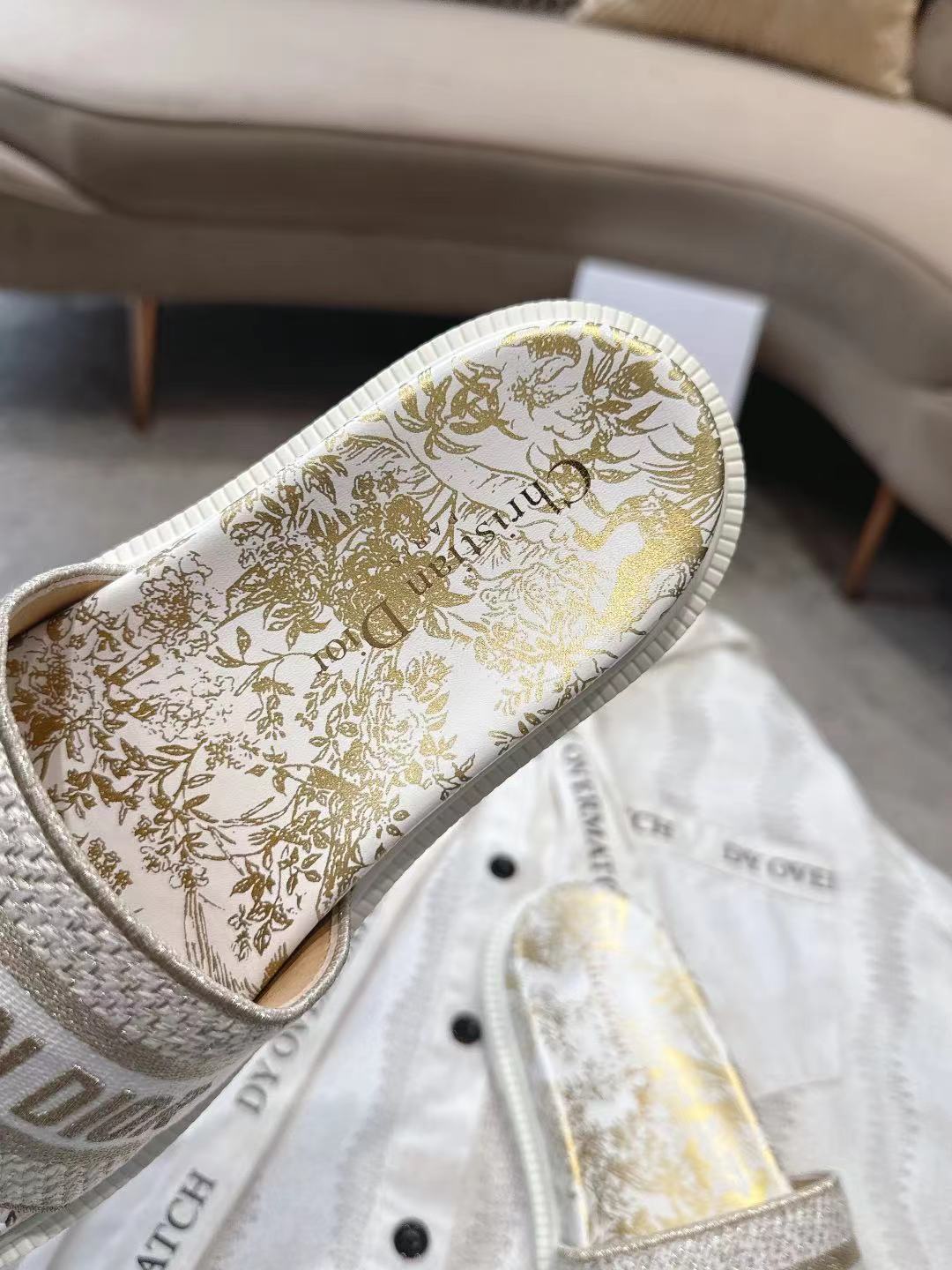 CD 26s Platform Sandals Grey Gold White Leather Fabric 944457