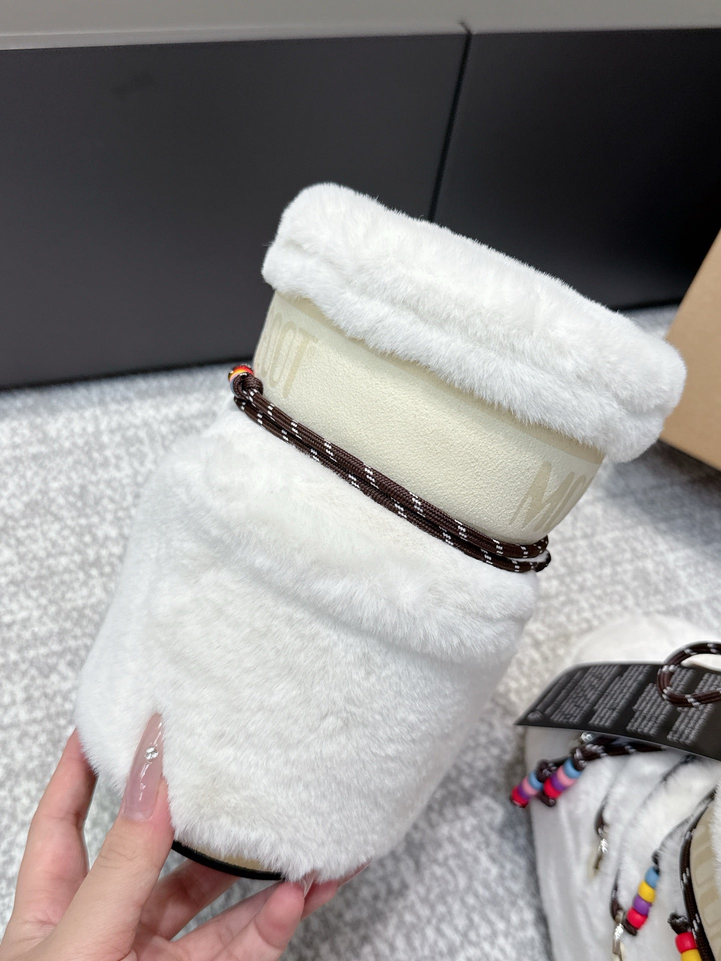 Moon Boot Icon Low Faux Fur White with Beaded Brown Laces 515590