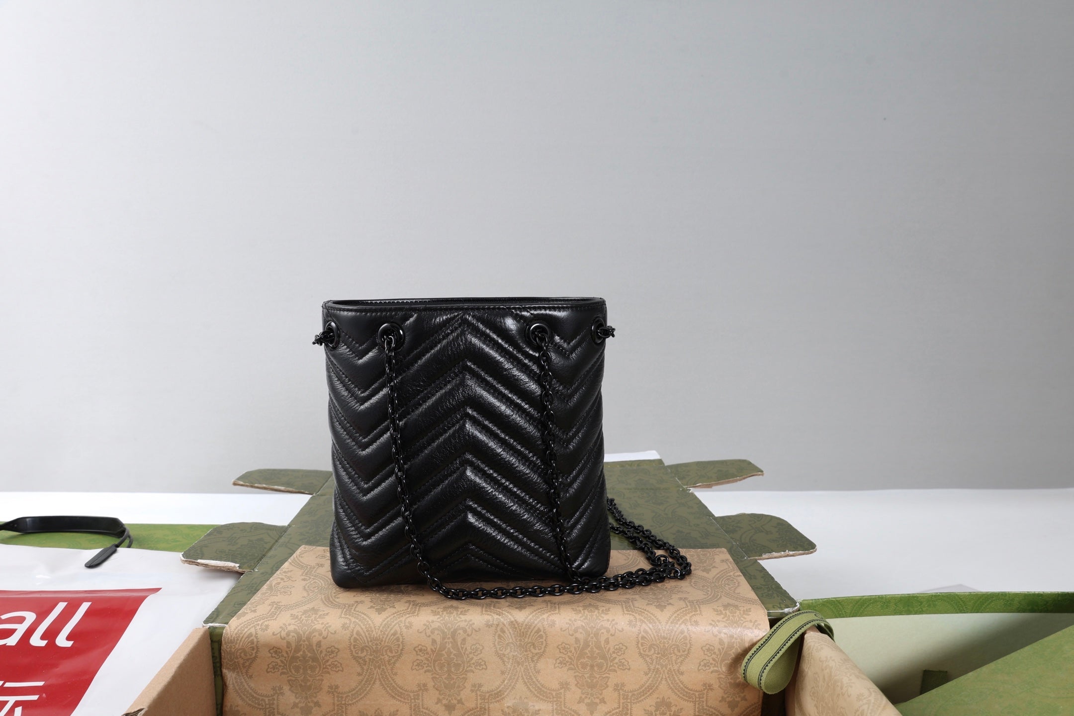 Gucci 26s Marmont Nano Bucket Bag Black Quilted Leather