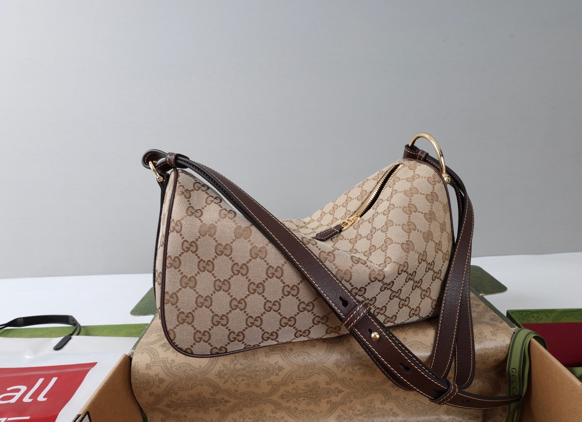 GG Half Horsebit Medium Shoulder Bag Beige Brown Canvas