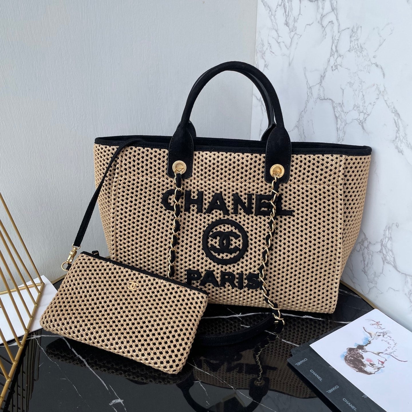 CC 25 Deauville Tote Bag 34cm Beige Black Crochet Suede