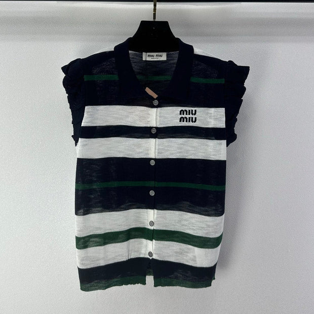 Miumiu 2026 Striped Polo Shirt Navy Blue Cotton 395629