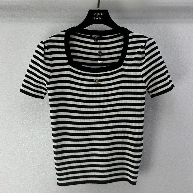 Chanel 2026 Striped Knit Short-sleeved Top Black White Cotton 395626