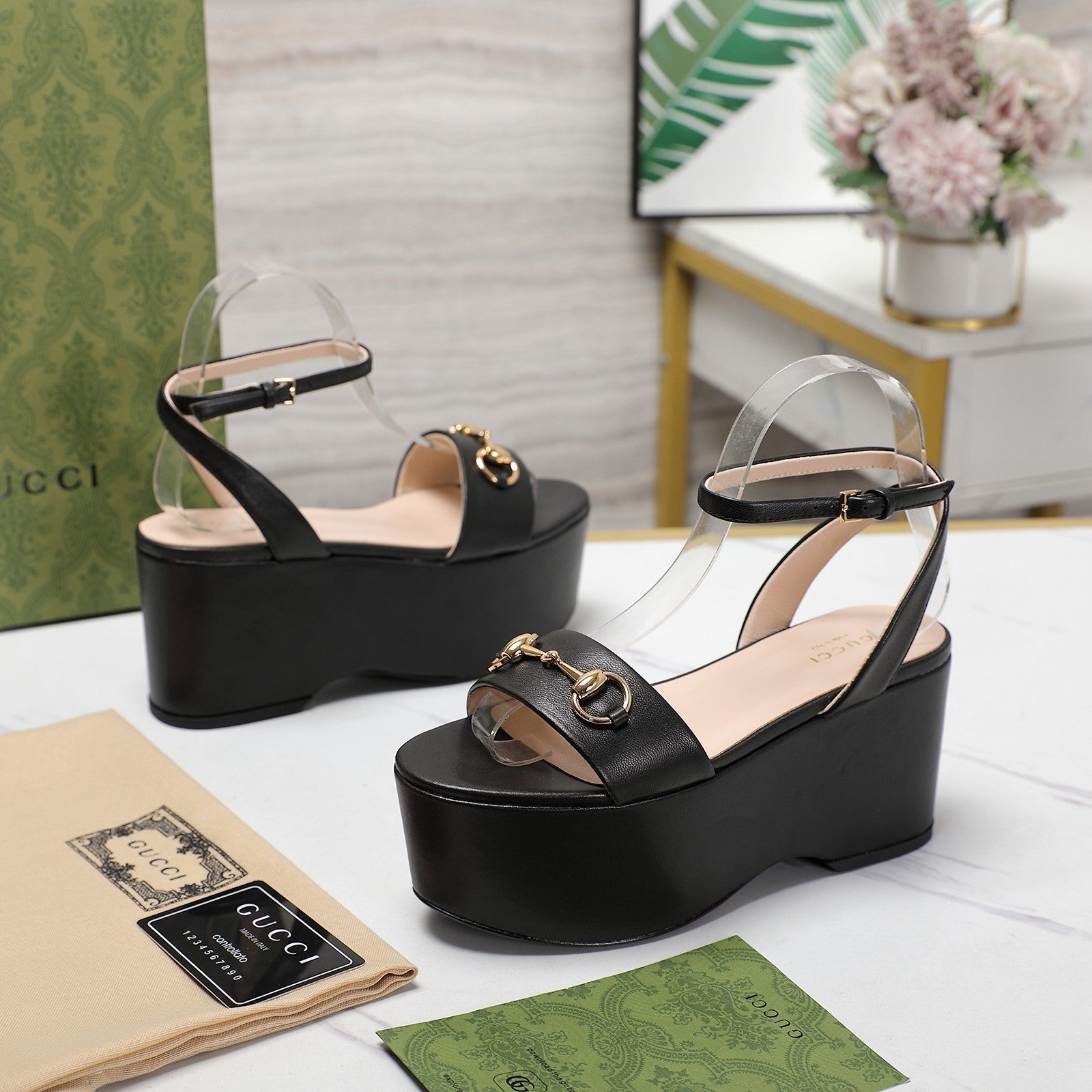GG Horsebit Wedges Sandals Black