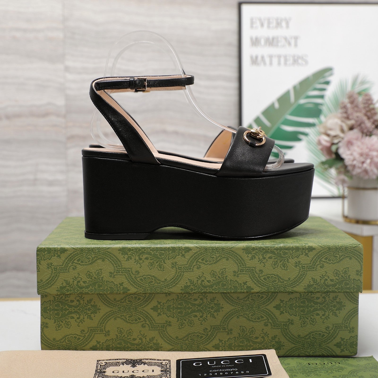 GG Horsebit Wedges Sandals Black