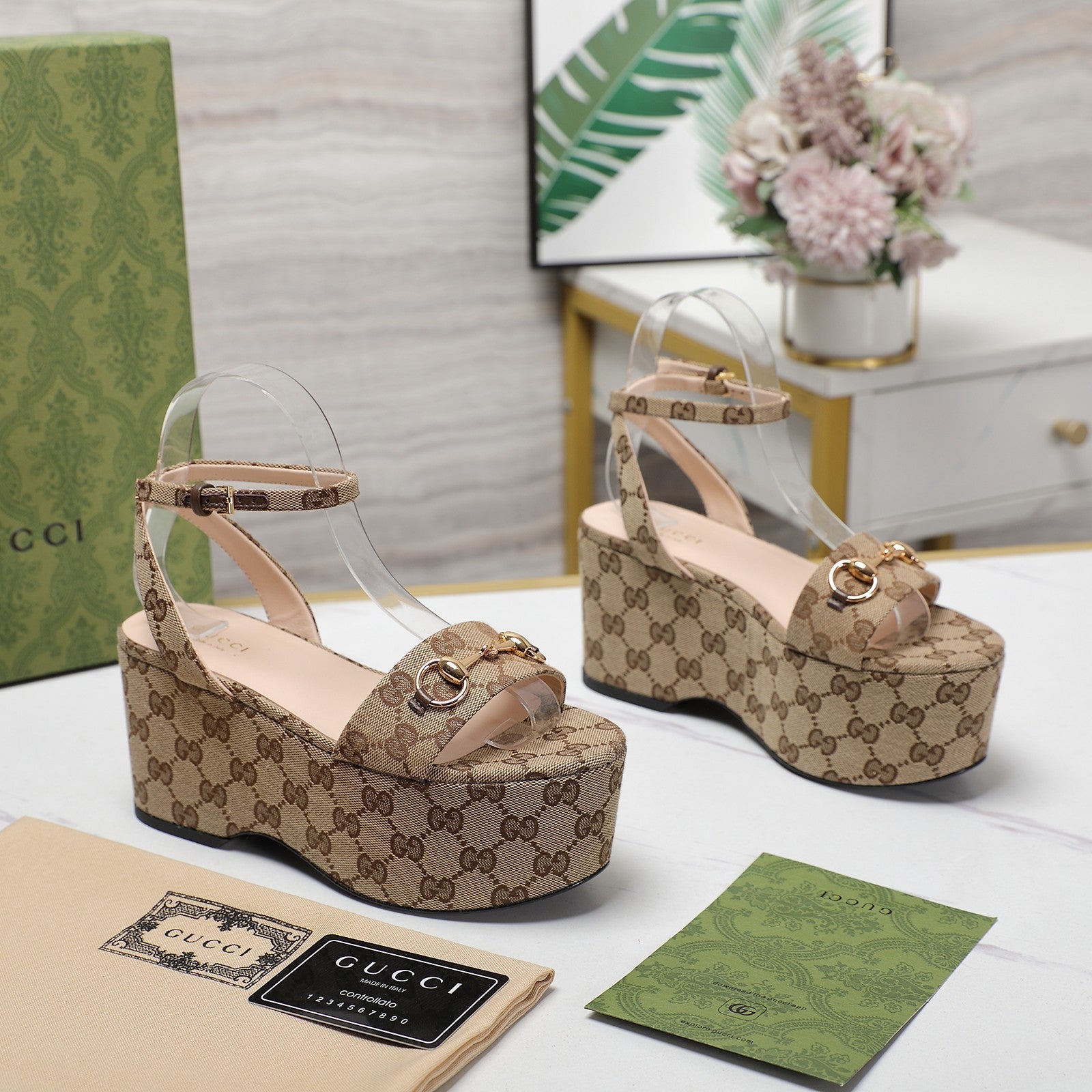 GG Horsebit Wedges Sandals Brown
