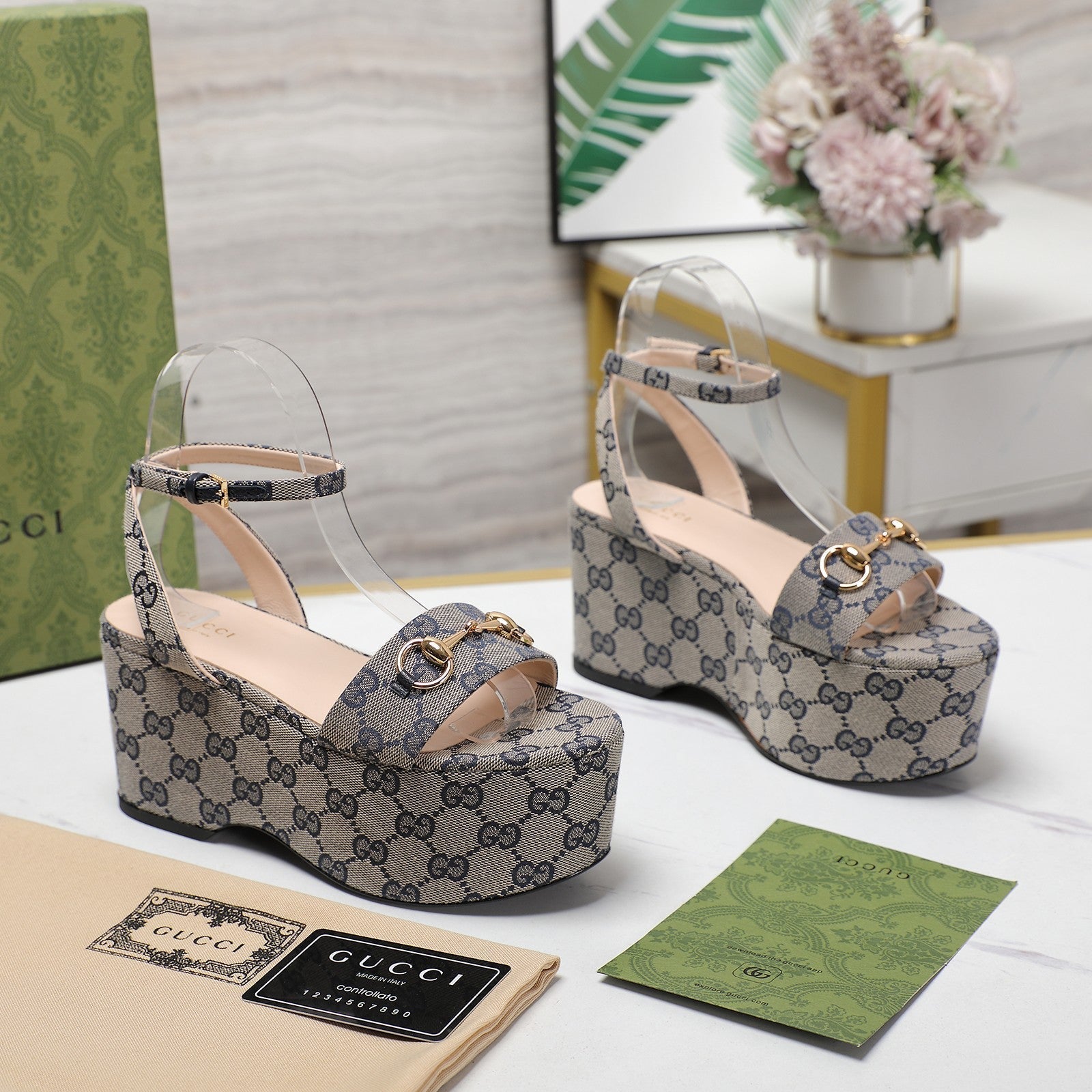 GG Horsebit Wedges Sandals Grey