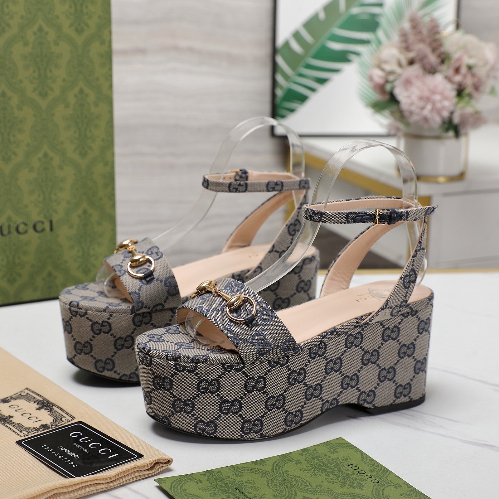 GG Horsebit Wedges Sandals Light Grey