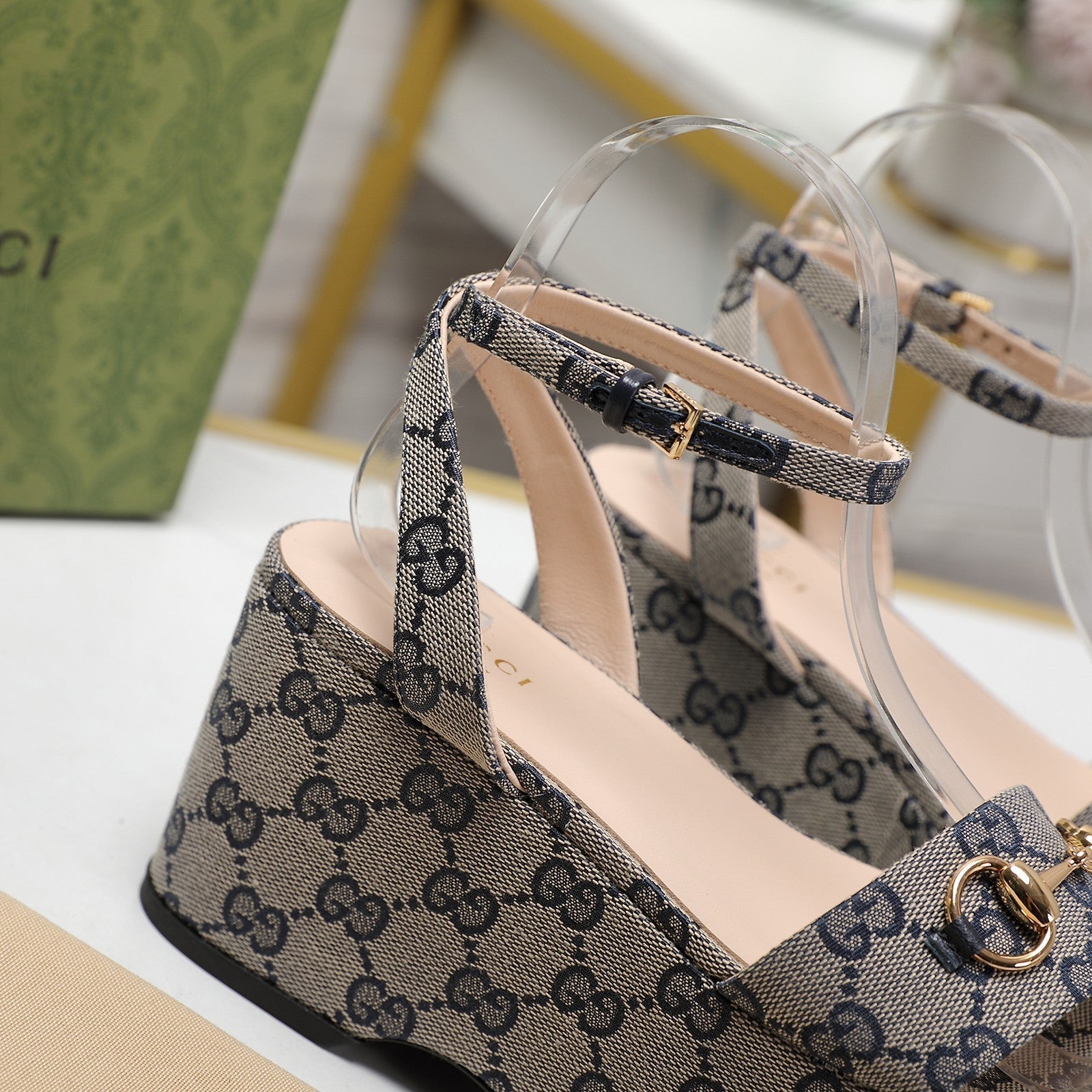 GG Horsebit Wedges Sandals Grey