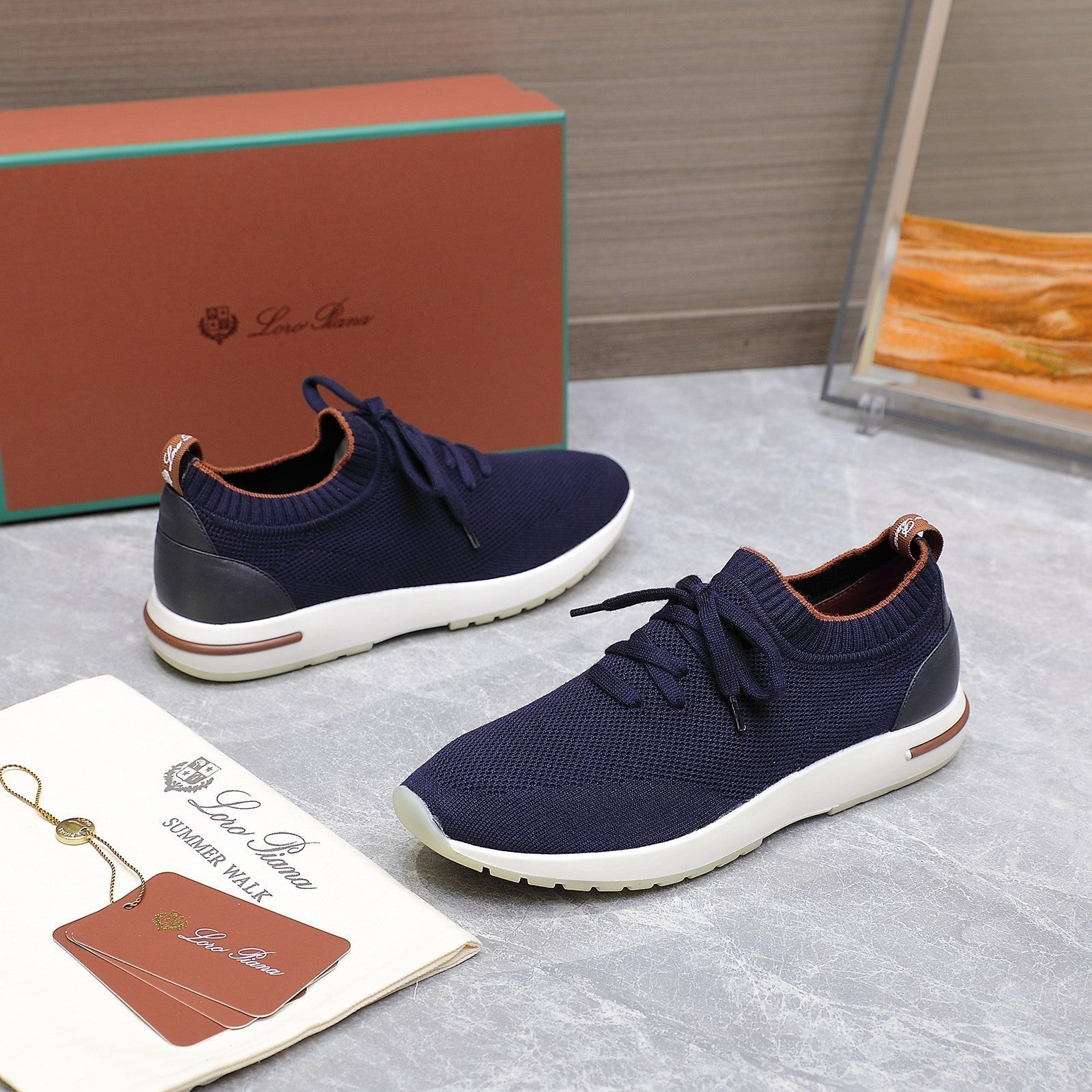 LP lady Flexy Walk Sneaker Navy Blue mix Orange Wool and Calfskin 310450