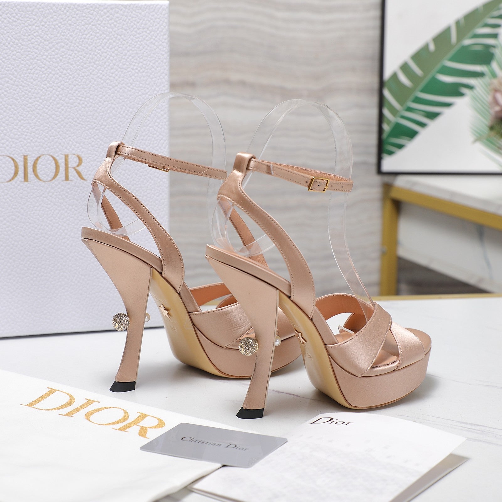CD Pearl-Embellished High Heel Sandals 25s 115 Mm In Beige Satin