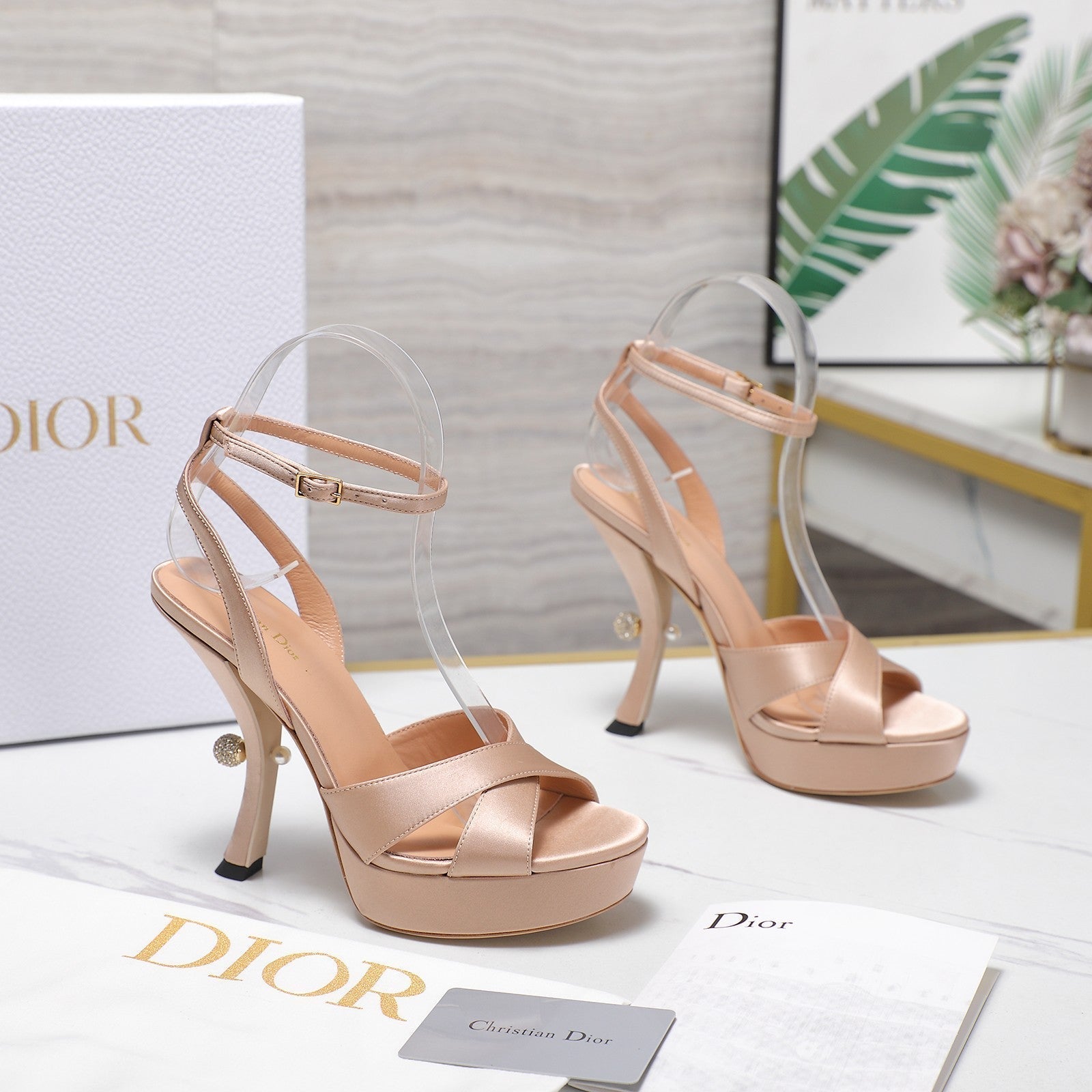 CD Pearl-Embellished High Heel Sandals 25s 115 Mm In Beige Satin
