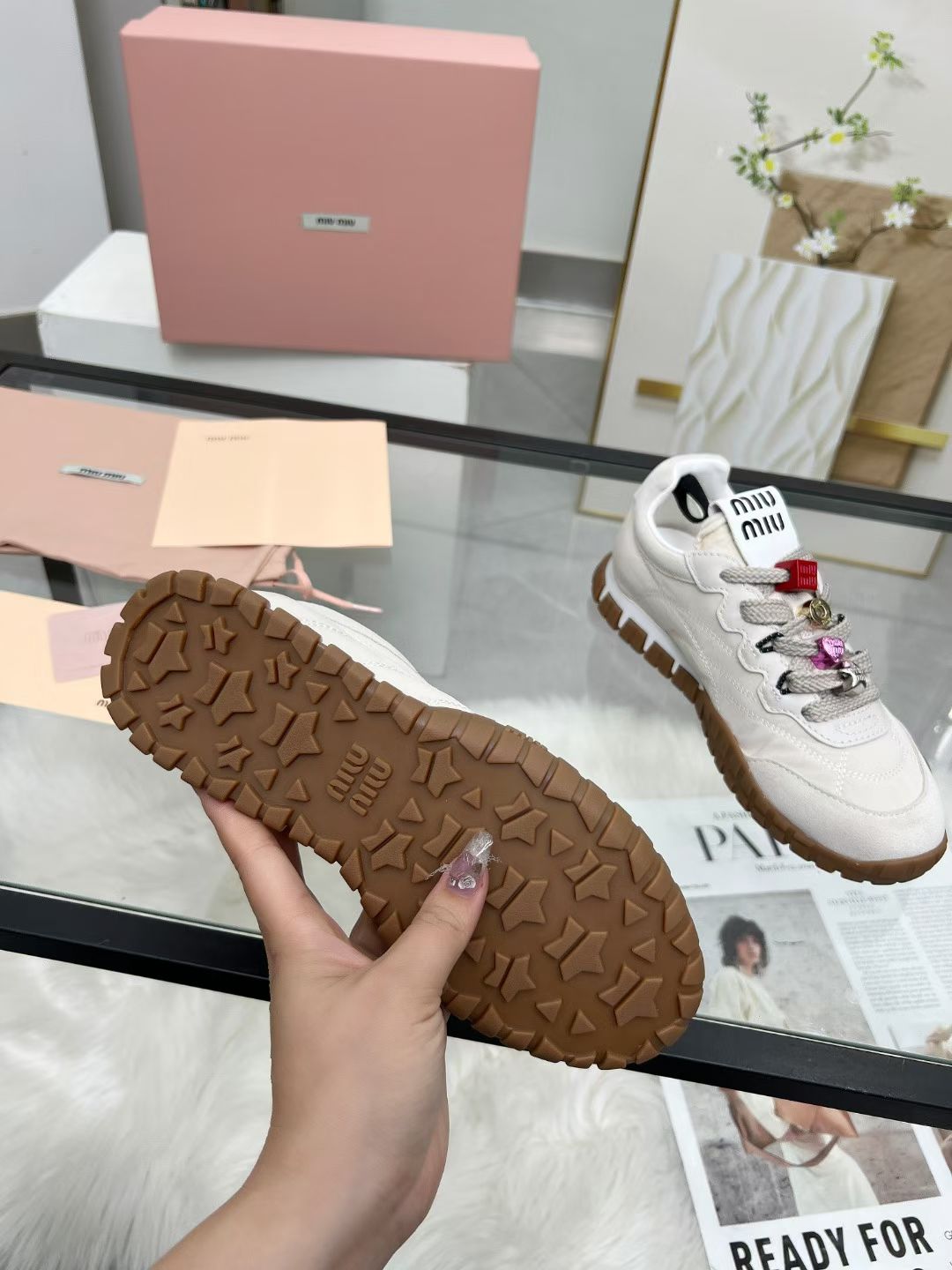 Miu TYRE Sneakers with Decorative Buckle White Suede Technical Fabric 456337