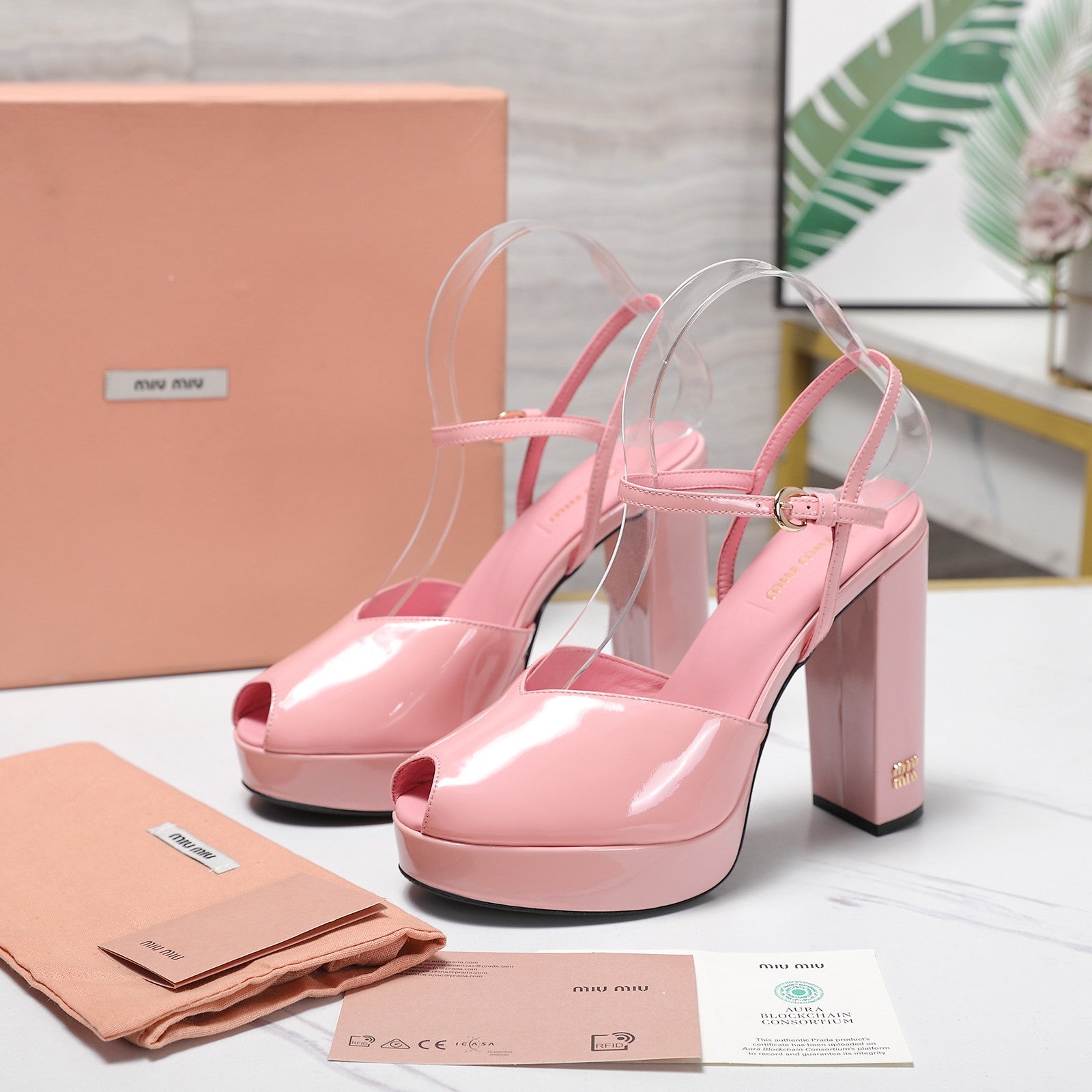 Miu Block-Heel Platform Sandals 125mm Pink Patent Leather 504175