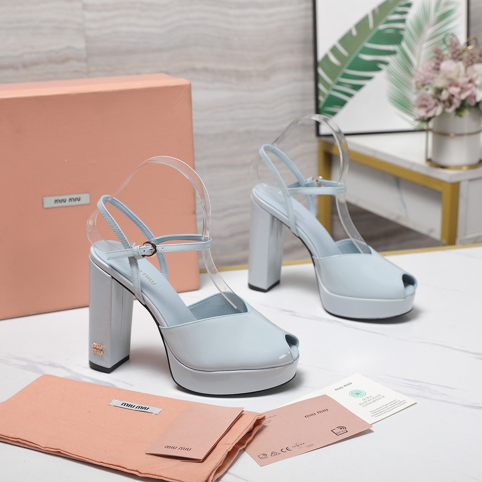 Miu Block-Heel Platform Sandals 125mm Light Steel Blue Patent Leather 504176