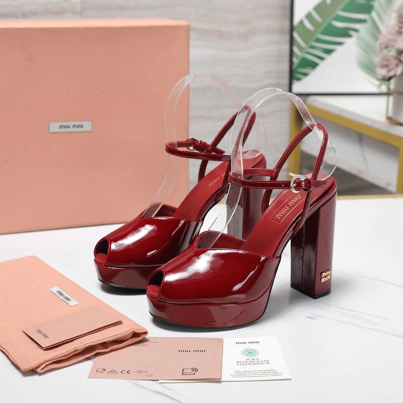 Miu Block-Heel Platform Sandals 125mm Red Patent Leather 504178