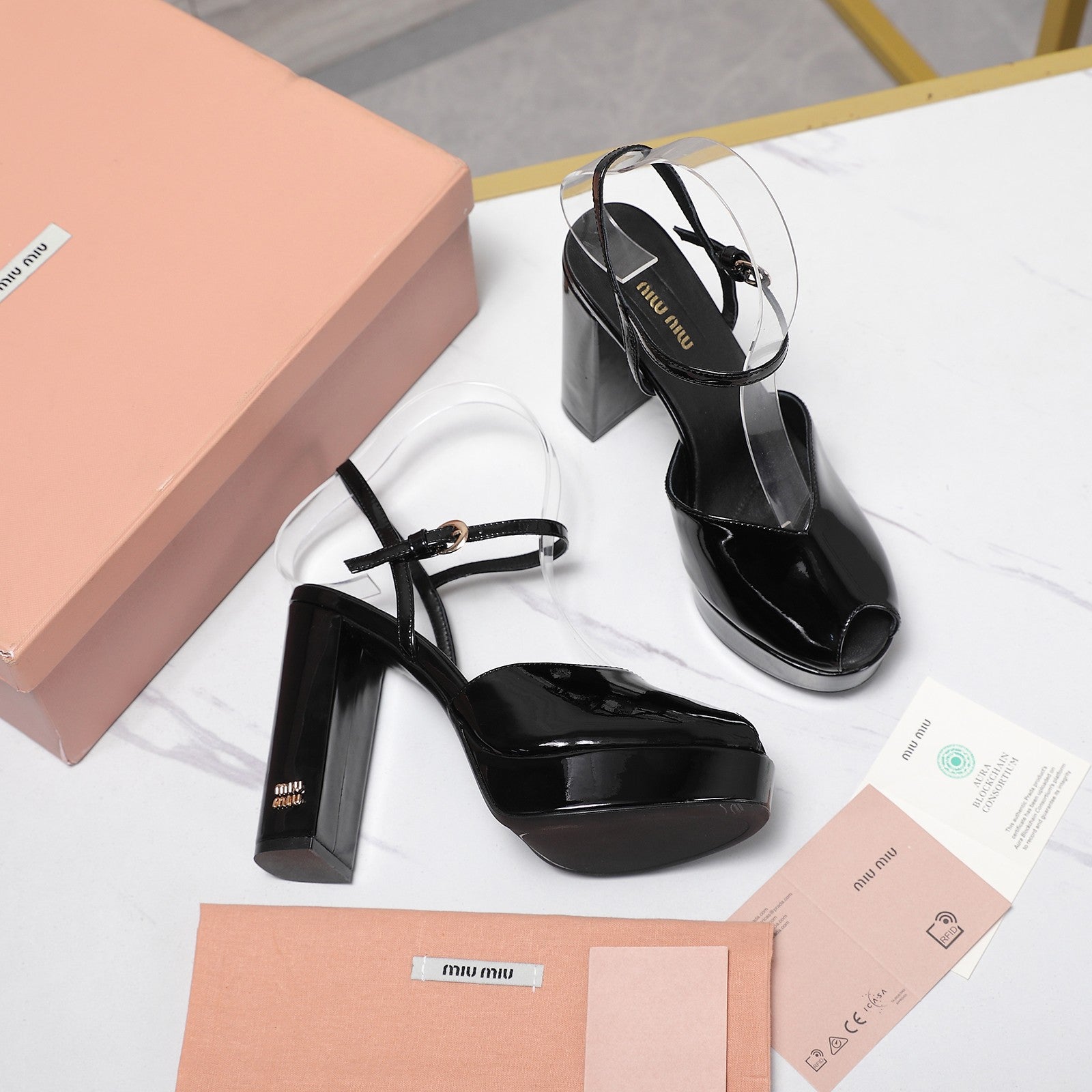 Miu Block-Heel Platform Sandals 125mm Black Patent Leather 504179