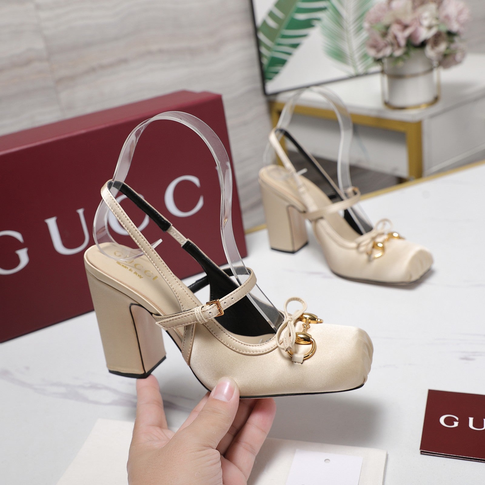 Gucci Horsebit Slingback Pumps Light Beige Satin Fabric 504421