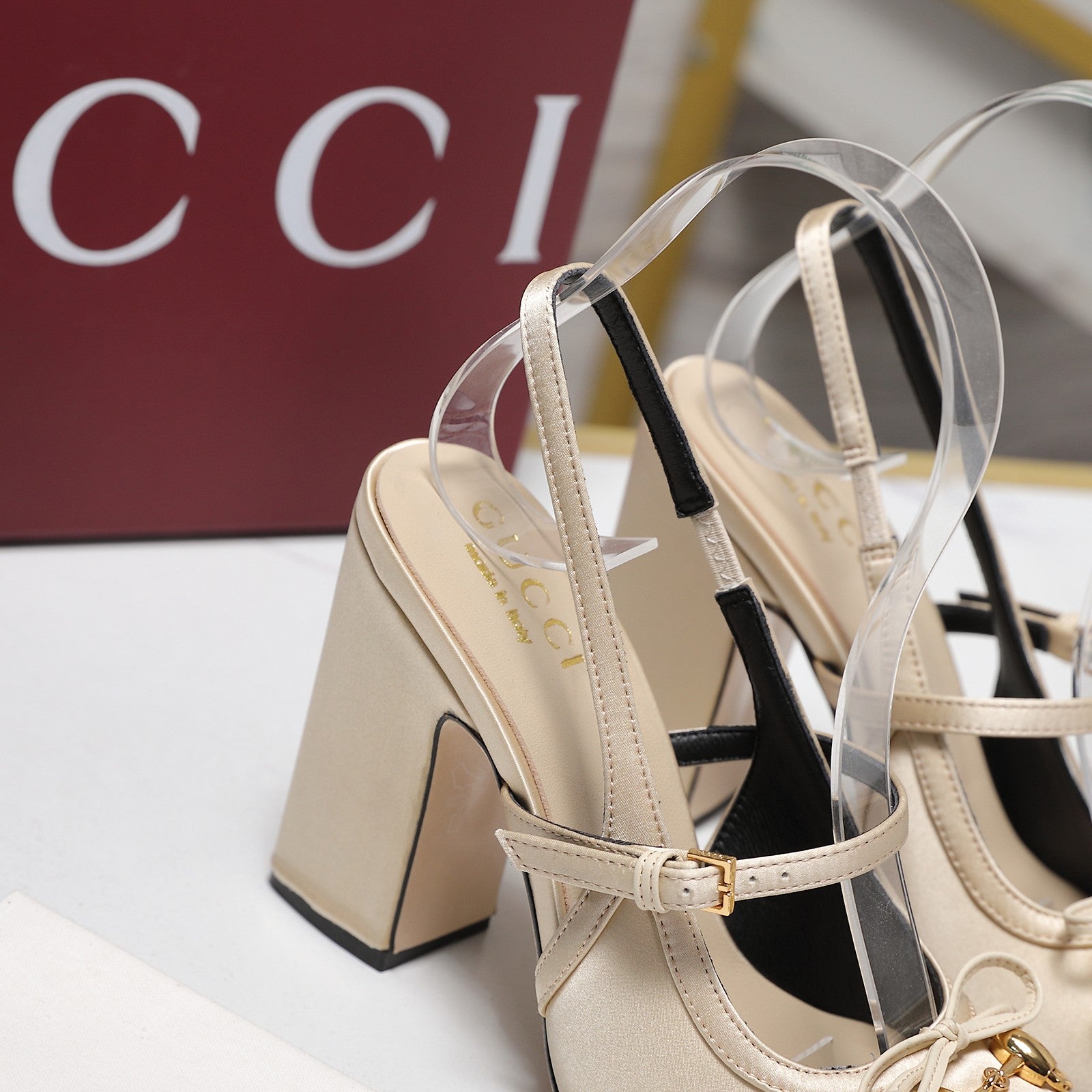 Gucci Horsebit Slingback Pumps Light Beige Satin Fabric 504421