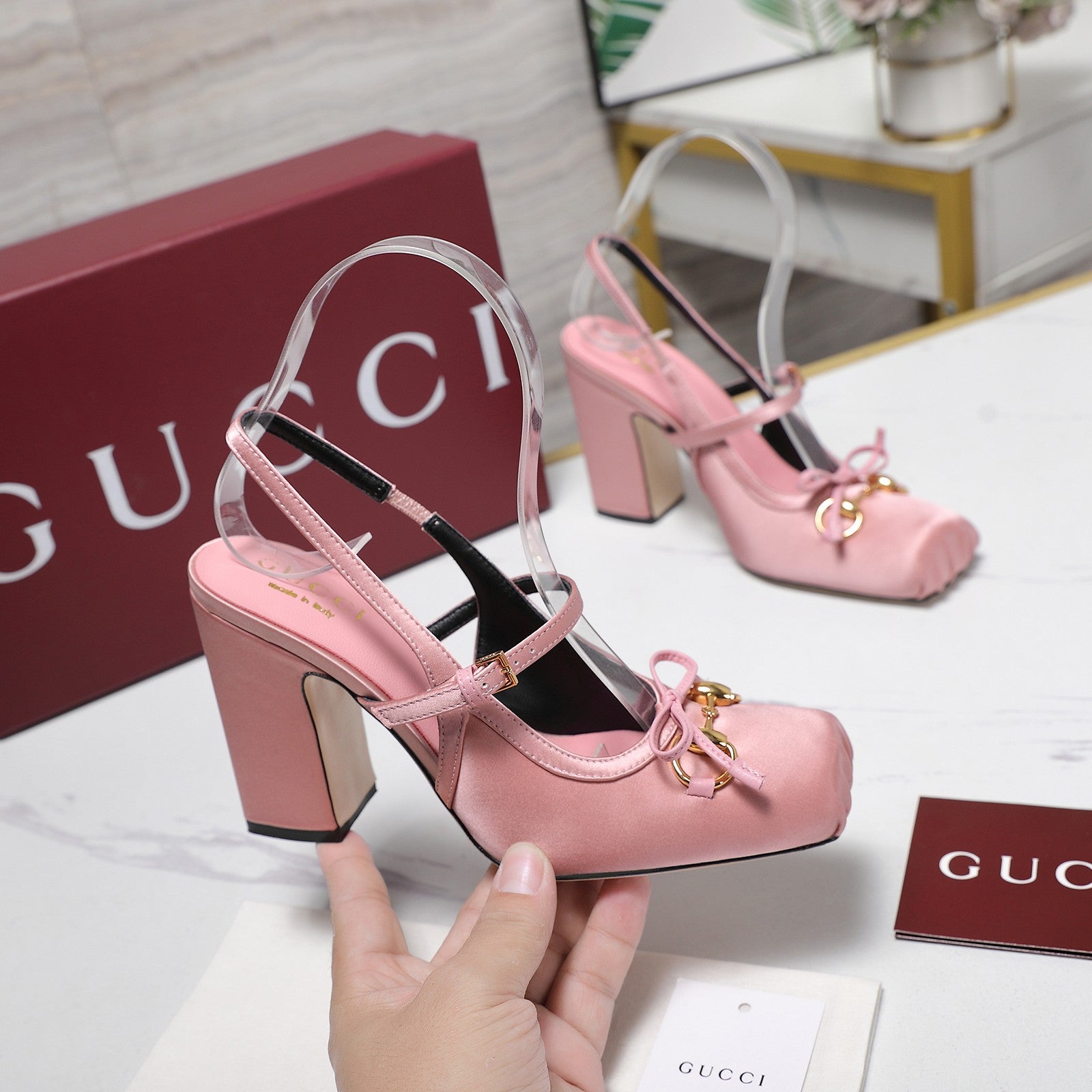 Gucci Horsebit Slingback Pumps Pink Satin Fabric 504422