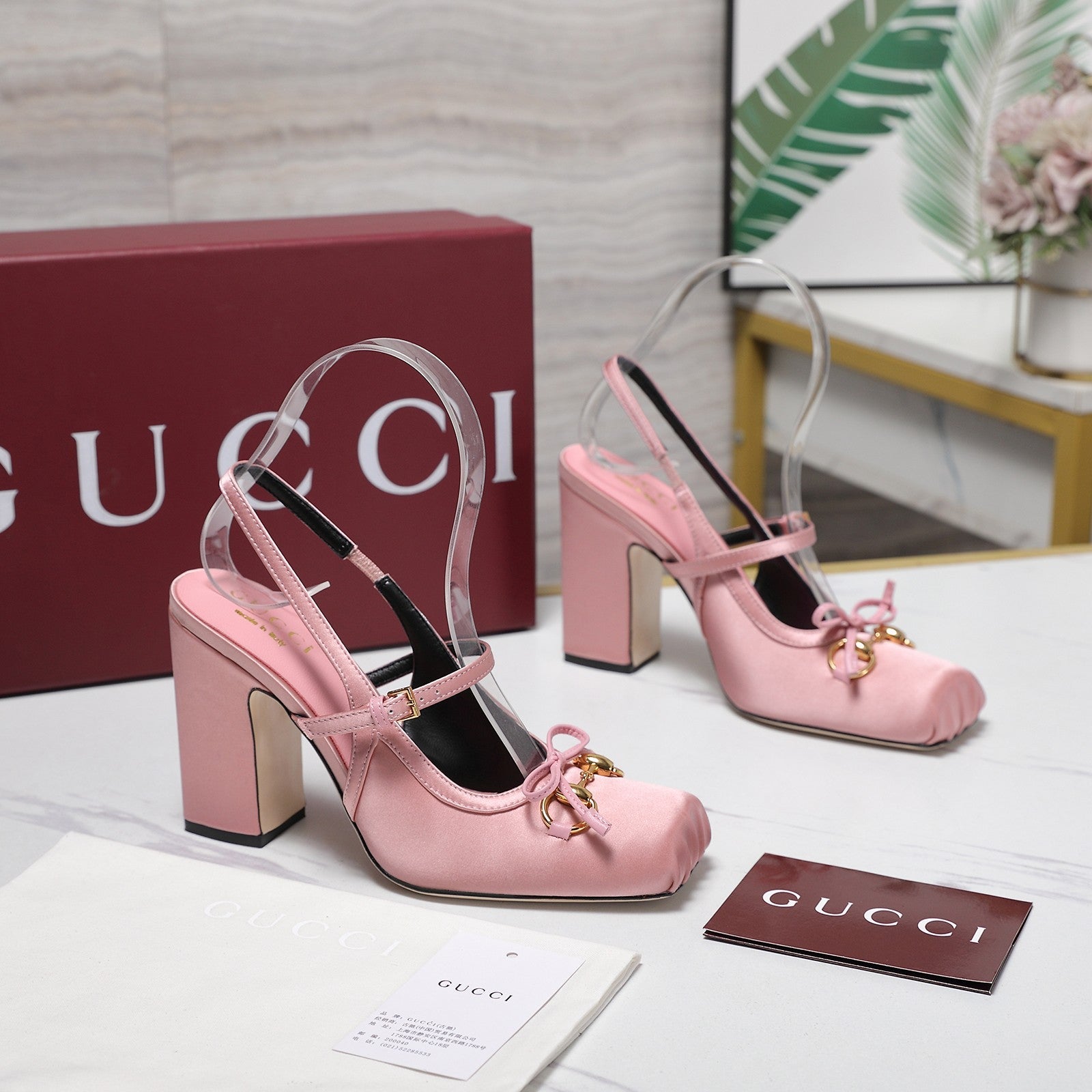 Gucci Horsebit Slingback Pumps Pink Satin Fabric 504422