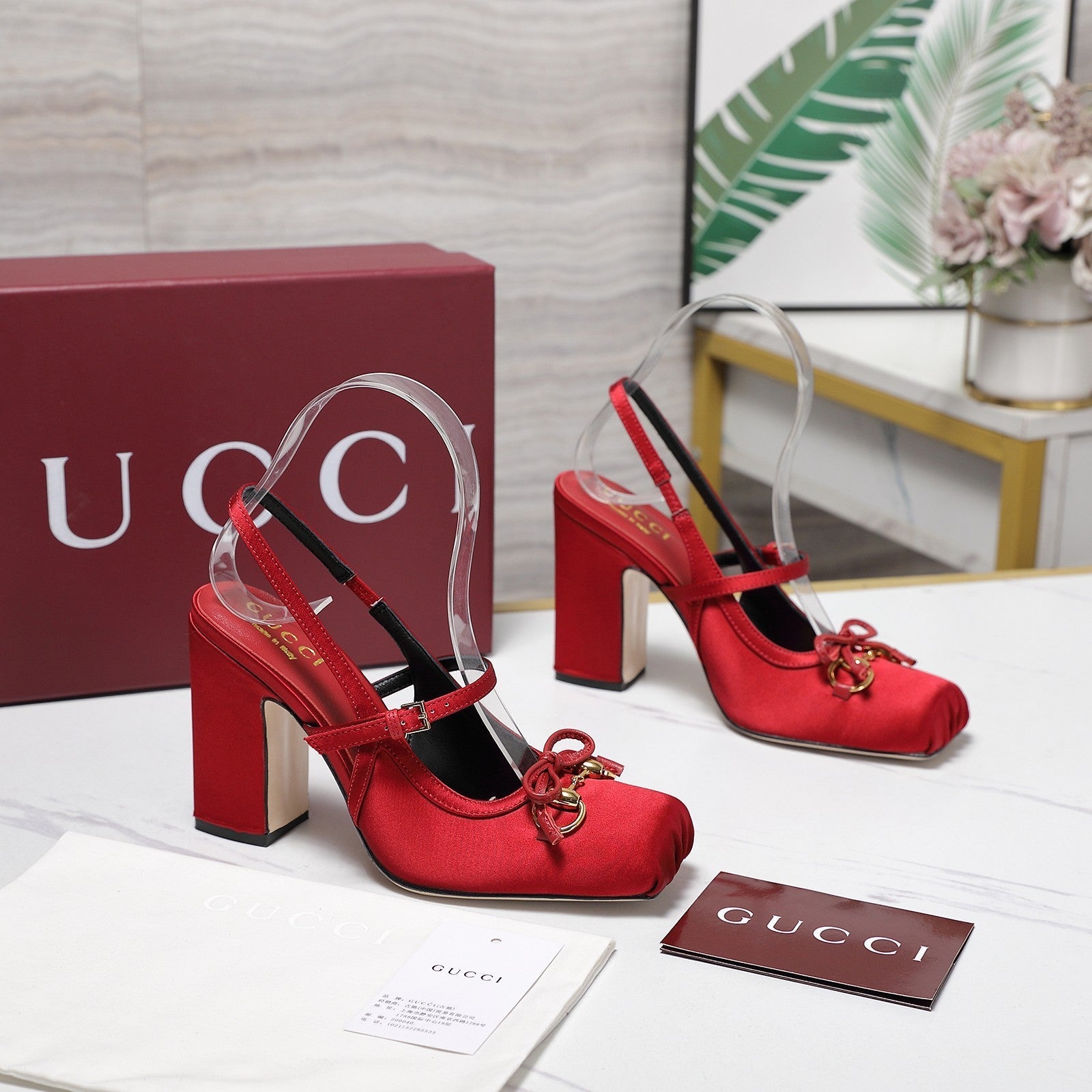 Gucci Horsebit Slingback Pumps Red Satin Fabric 504423