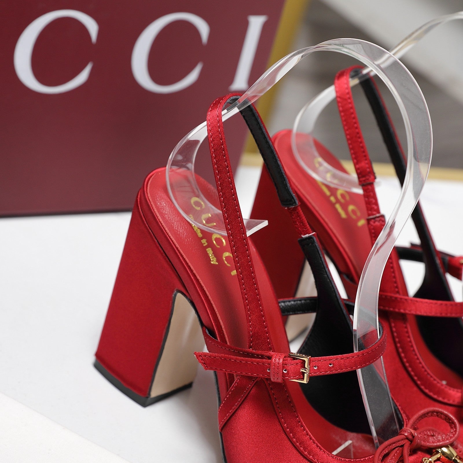 Gucci Horsebit Slingback Pumps Red Satin Fabric 504423