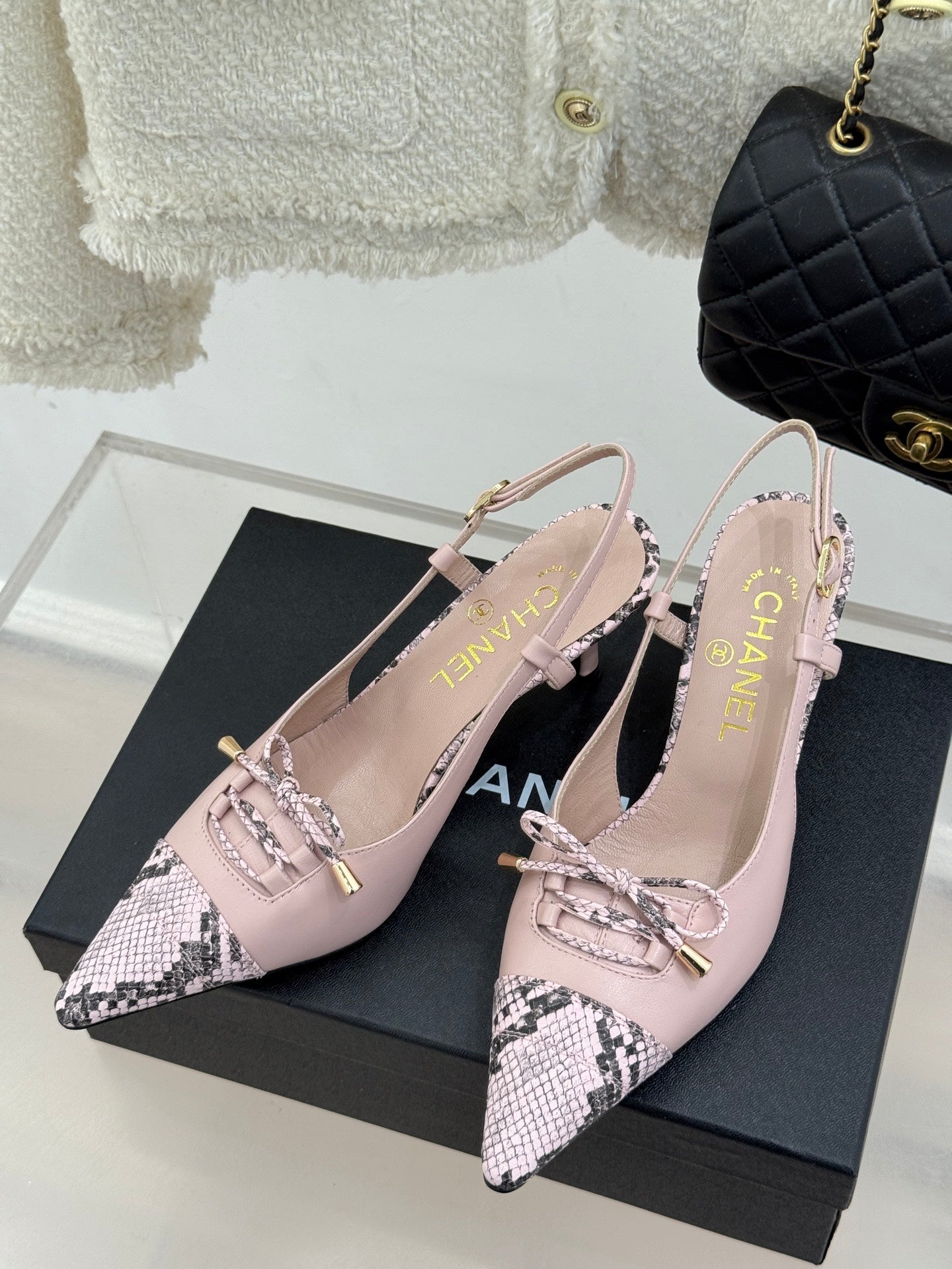 CC 25C Bowknot Slingback Sandal 60mm Light Pink Sheepskin Mix Python Pattern 265654